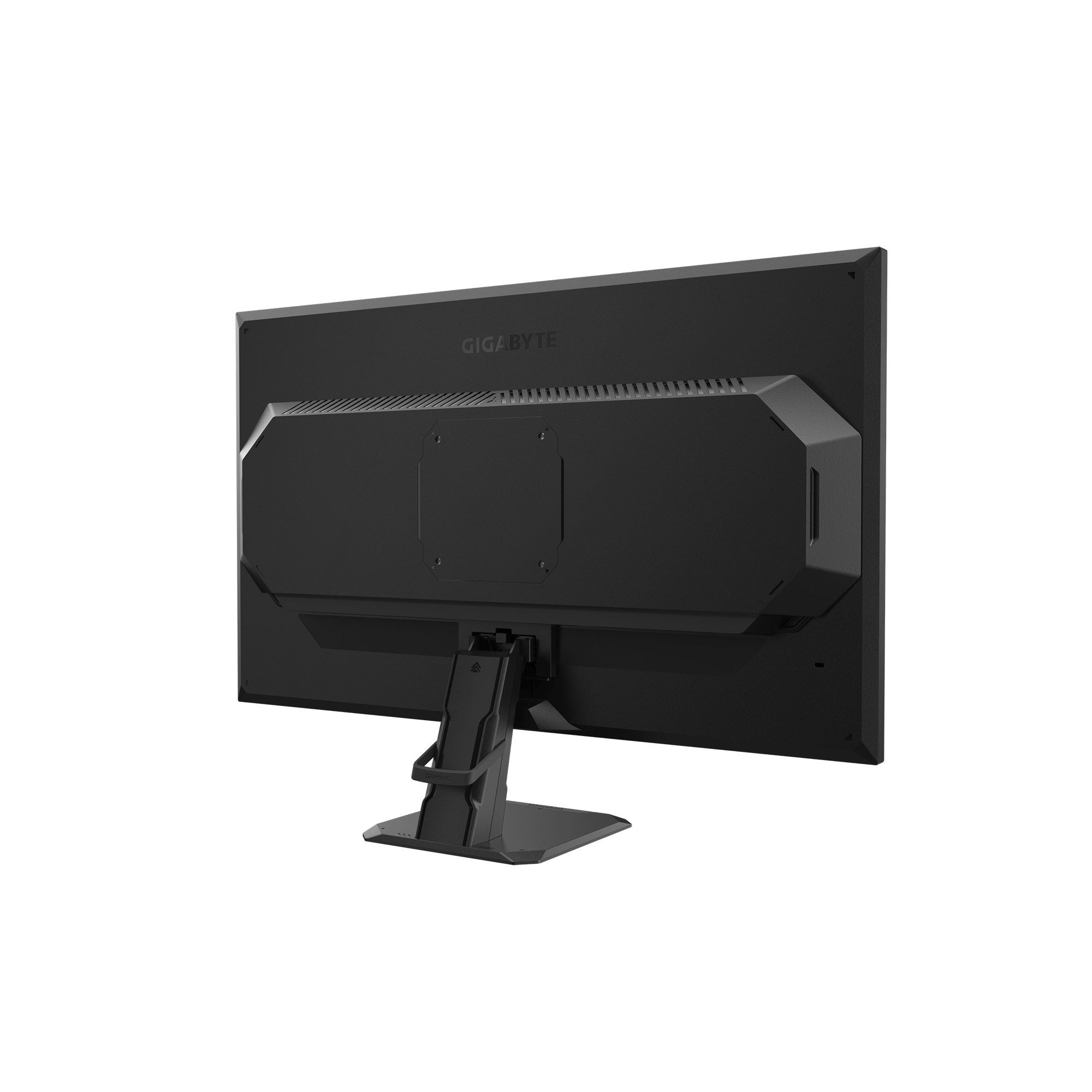 Vista trasera de un monitor negro con logo GIGABYTE y ranuras de ventilación.