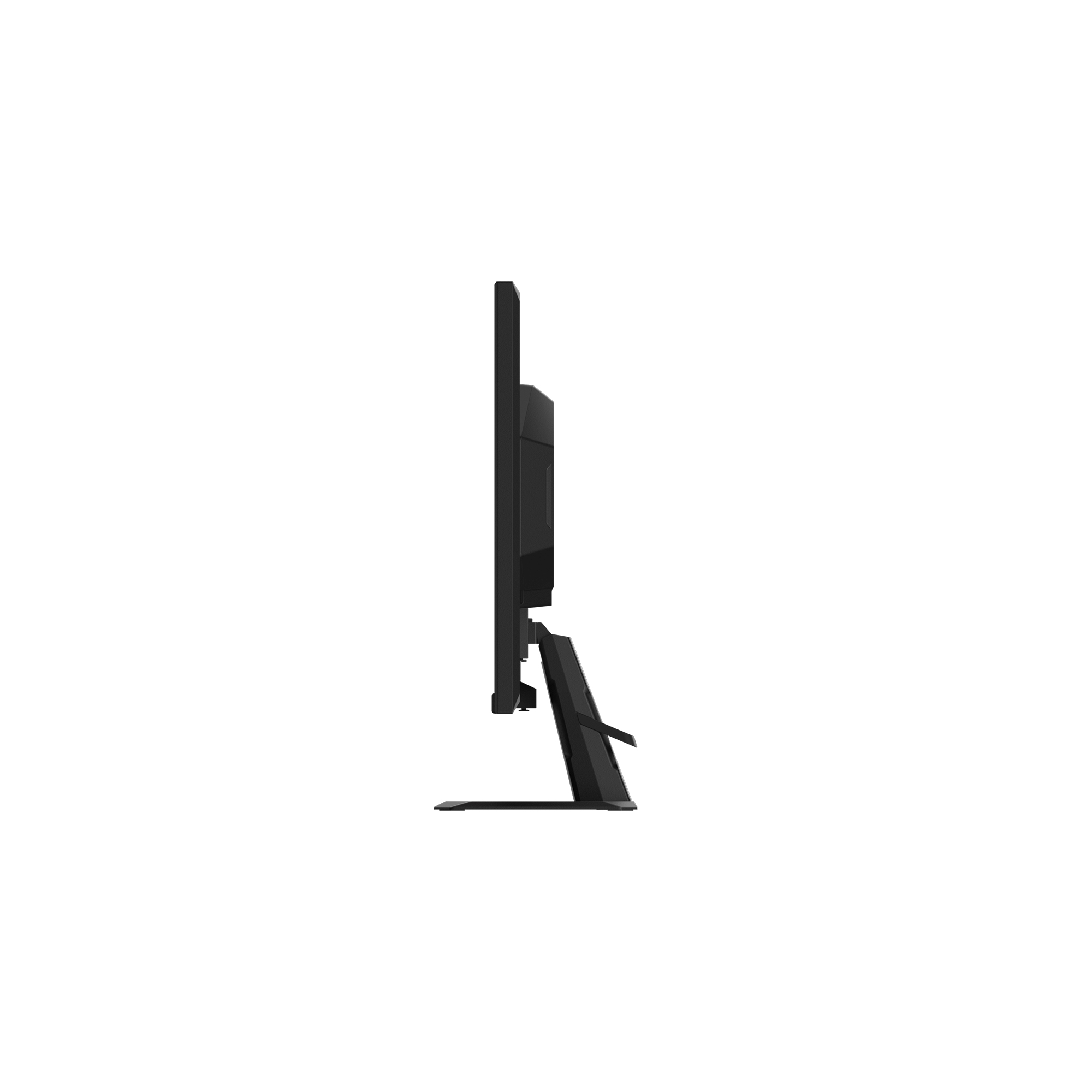 Un monitor de computadora negro visto de perfil sobre fondo blanco.