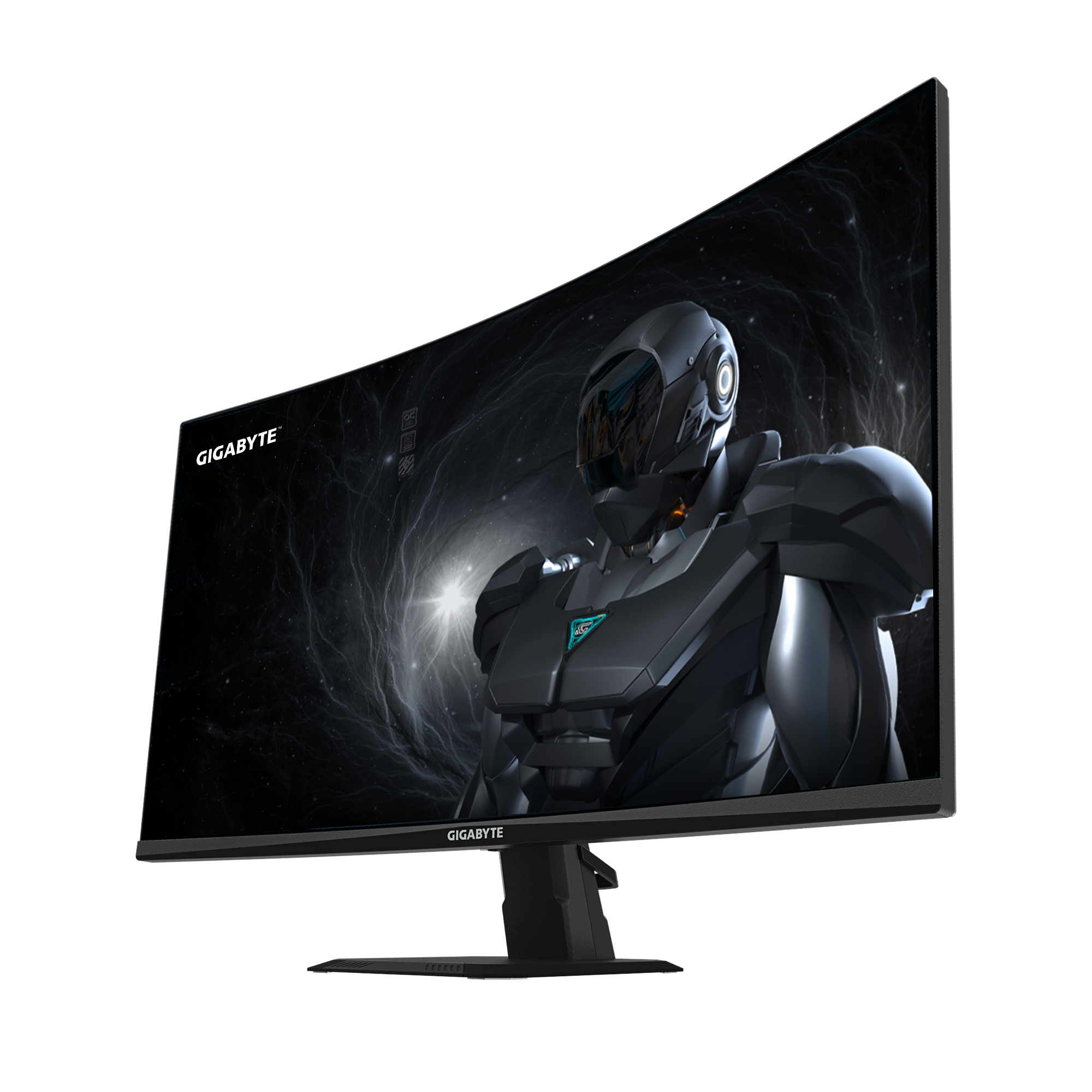 Un monitor curvo para juegos con fondo de robot. Logo de Gigabyte arriba a la izquierda.