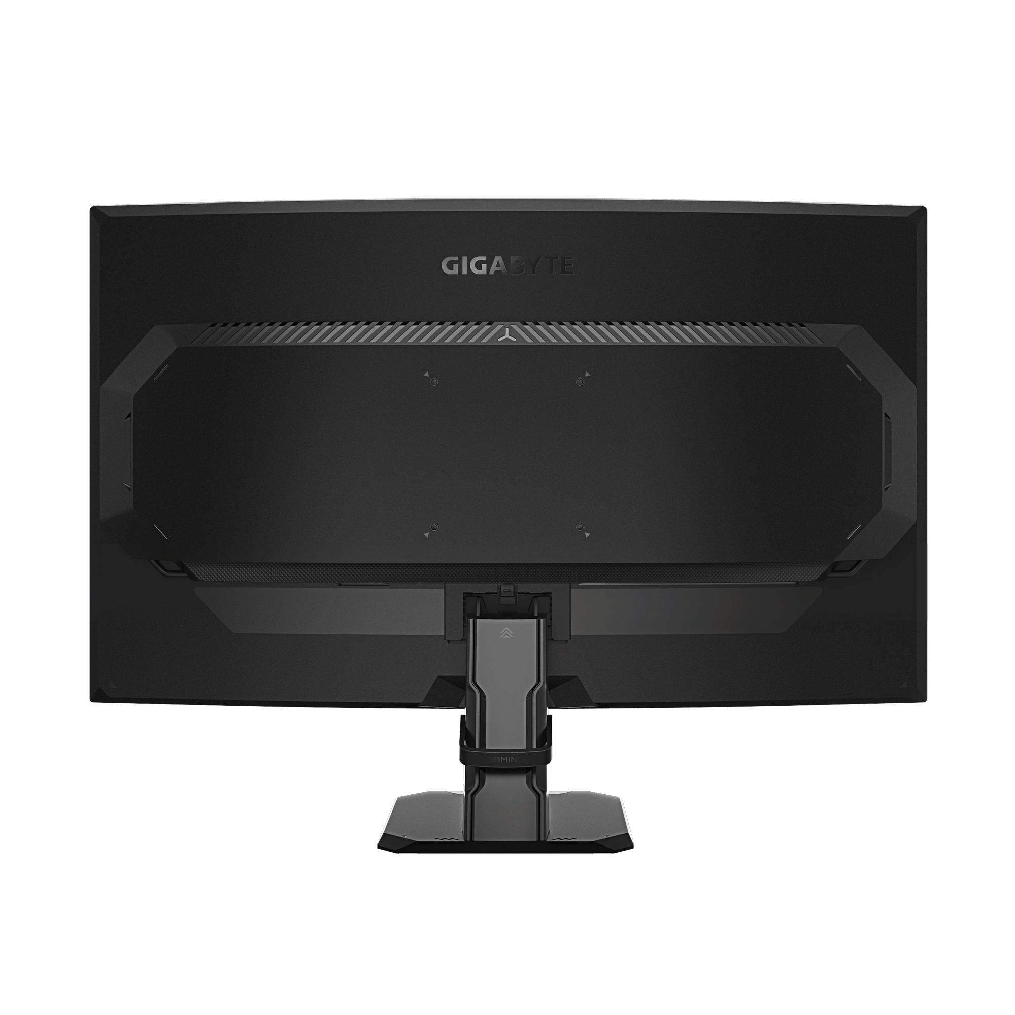Parte trasera de un monitor GIGABYTE negro con soporte y rejillas de ventilación.