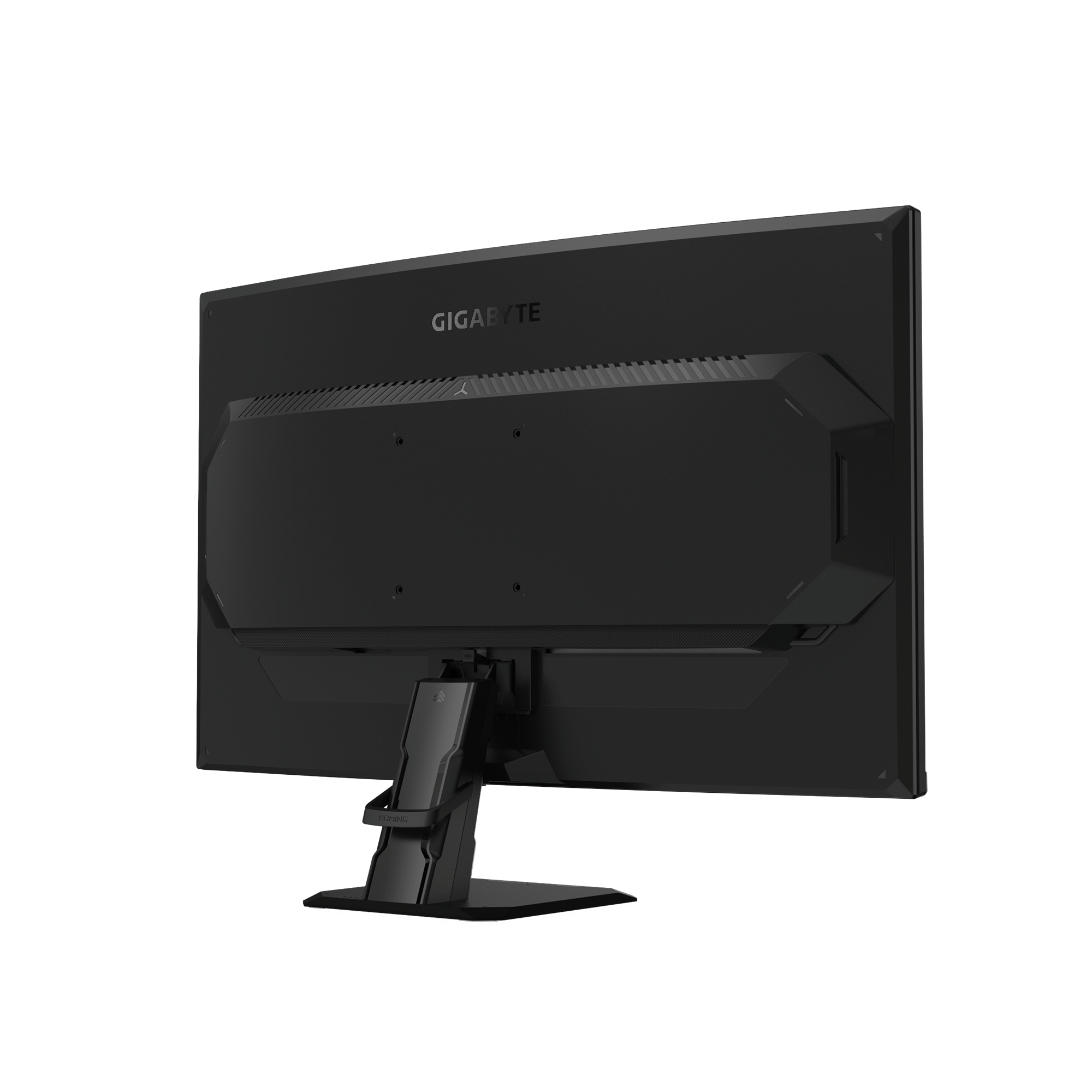 Vista trasera de un monitor negro Gigabyte con rejillas y logo plateado.