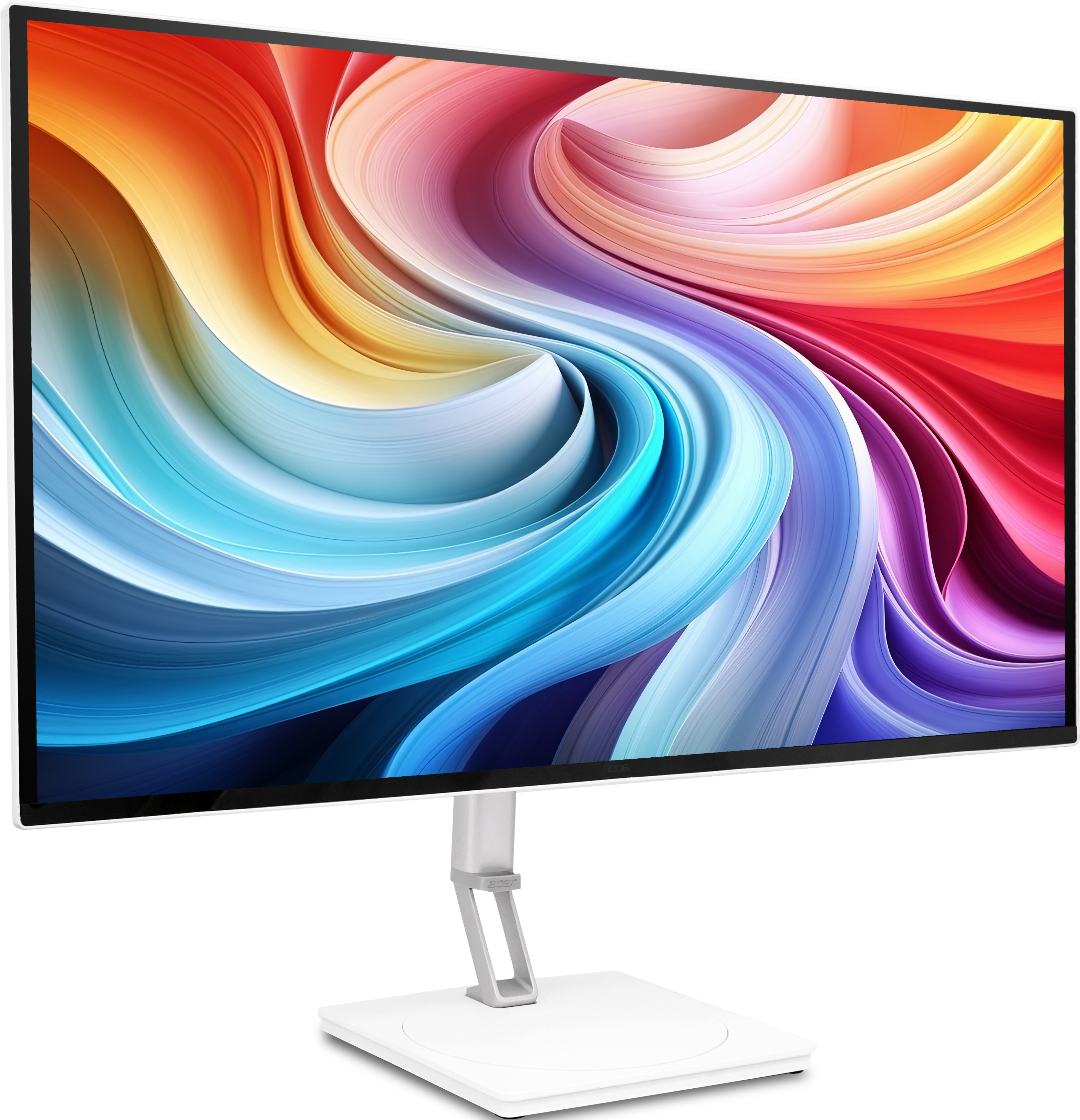 Un monitor bianco con uno sfondo colorato e vorticoso.