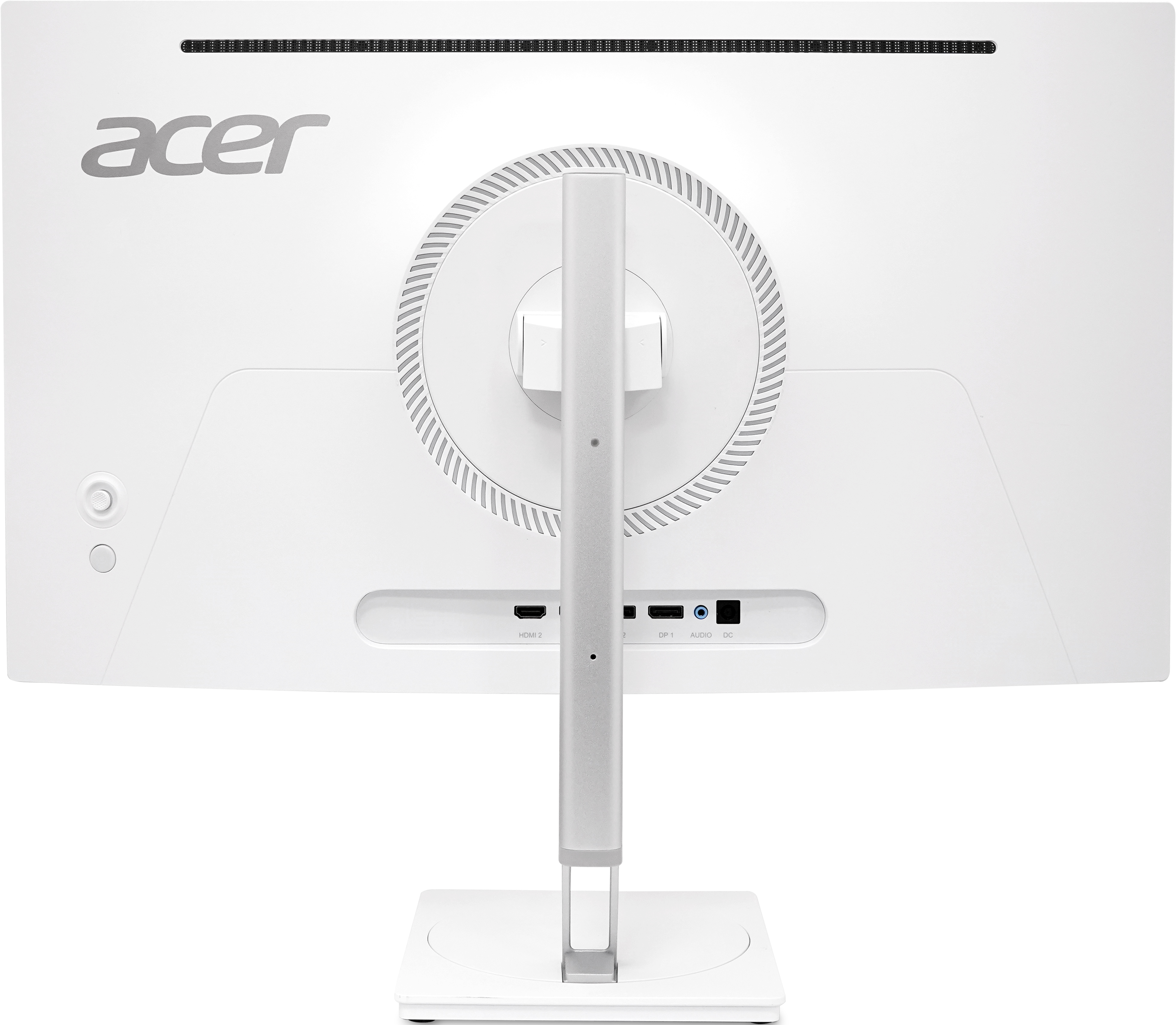 Retro di un monitor Acer bianco con porte e supporto. Logo Acer visibile.
