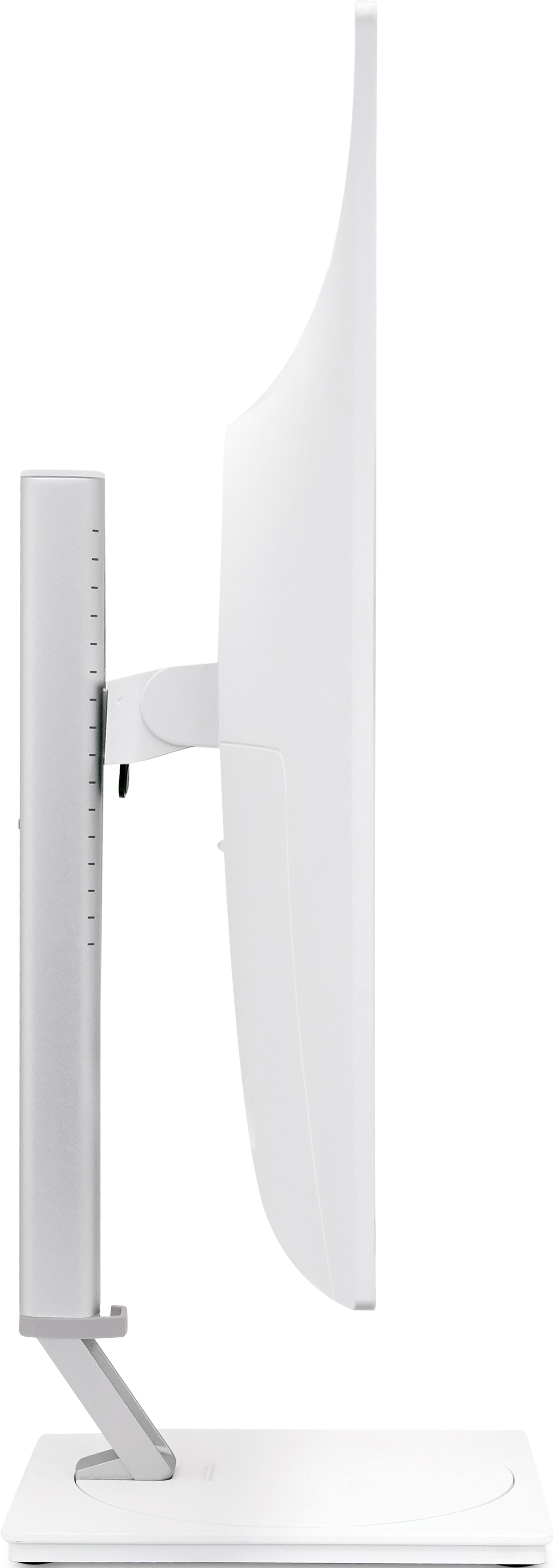 Monitor bianco con supporto argentato e braccio regolabile, vista laterale.