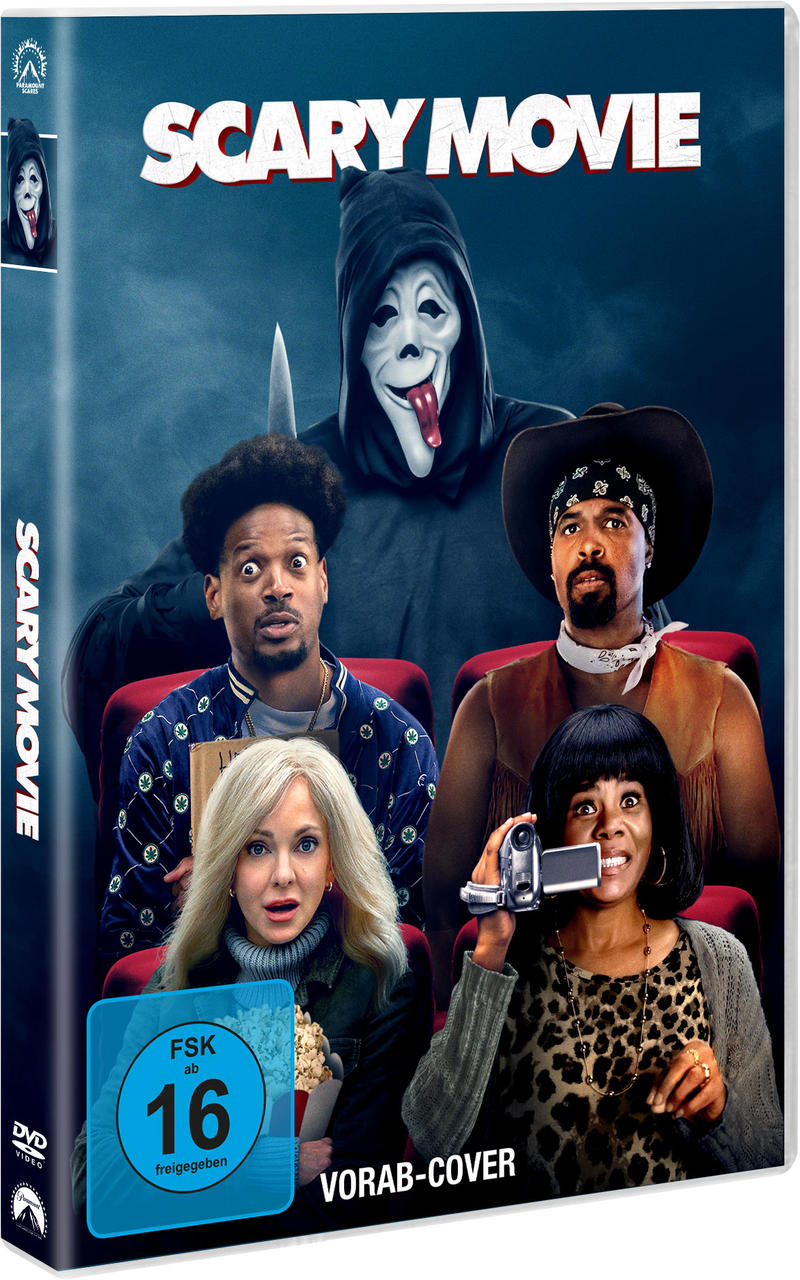 Filmcover mit Geistermaske und vier Personen im Kino. FSK 16.