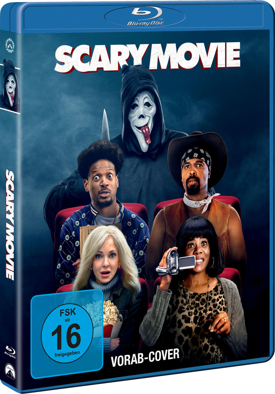 Das Cover zeigt fünf Personen und den Ghostface-Killer vor einem blauen Hintergrund.