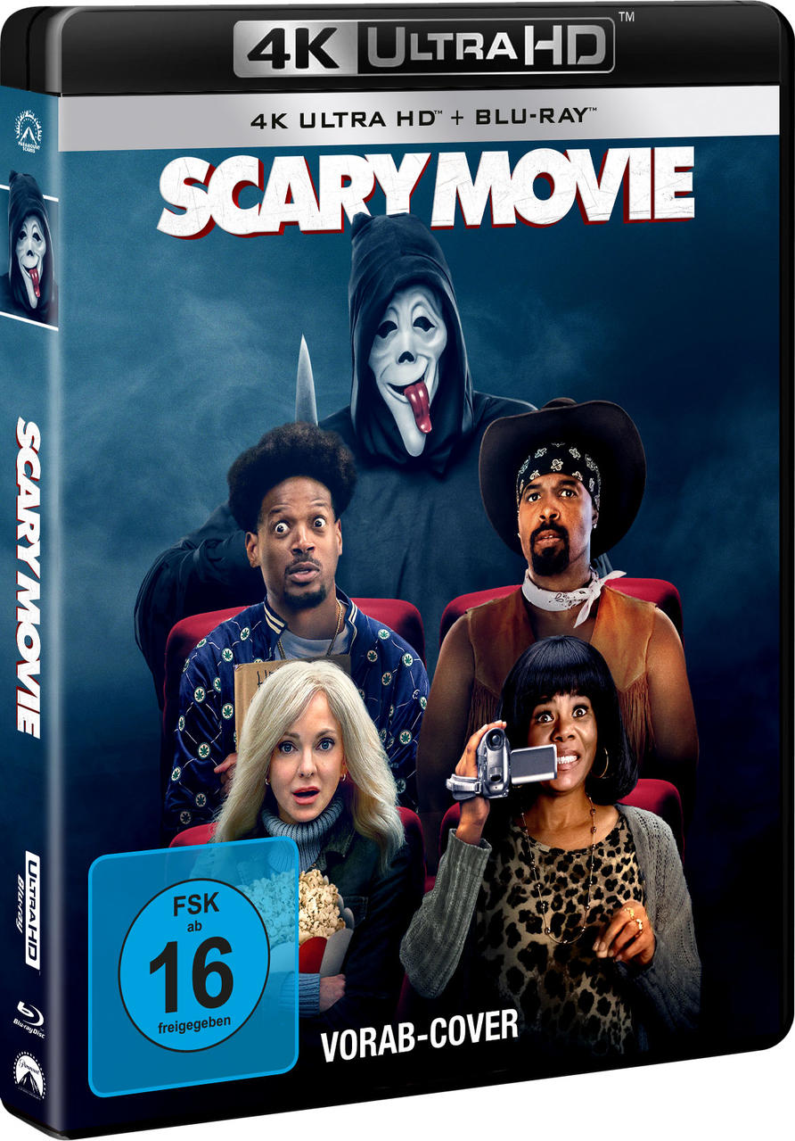 Filmcover: Ghostface-Maske, vier Personen im Kino, Titel "Scary Movie".