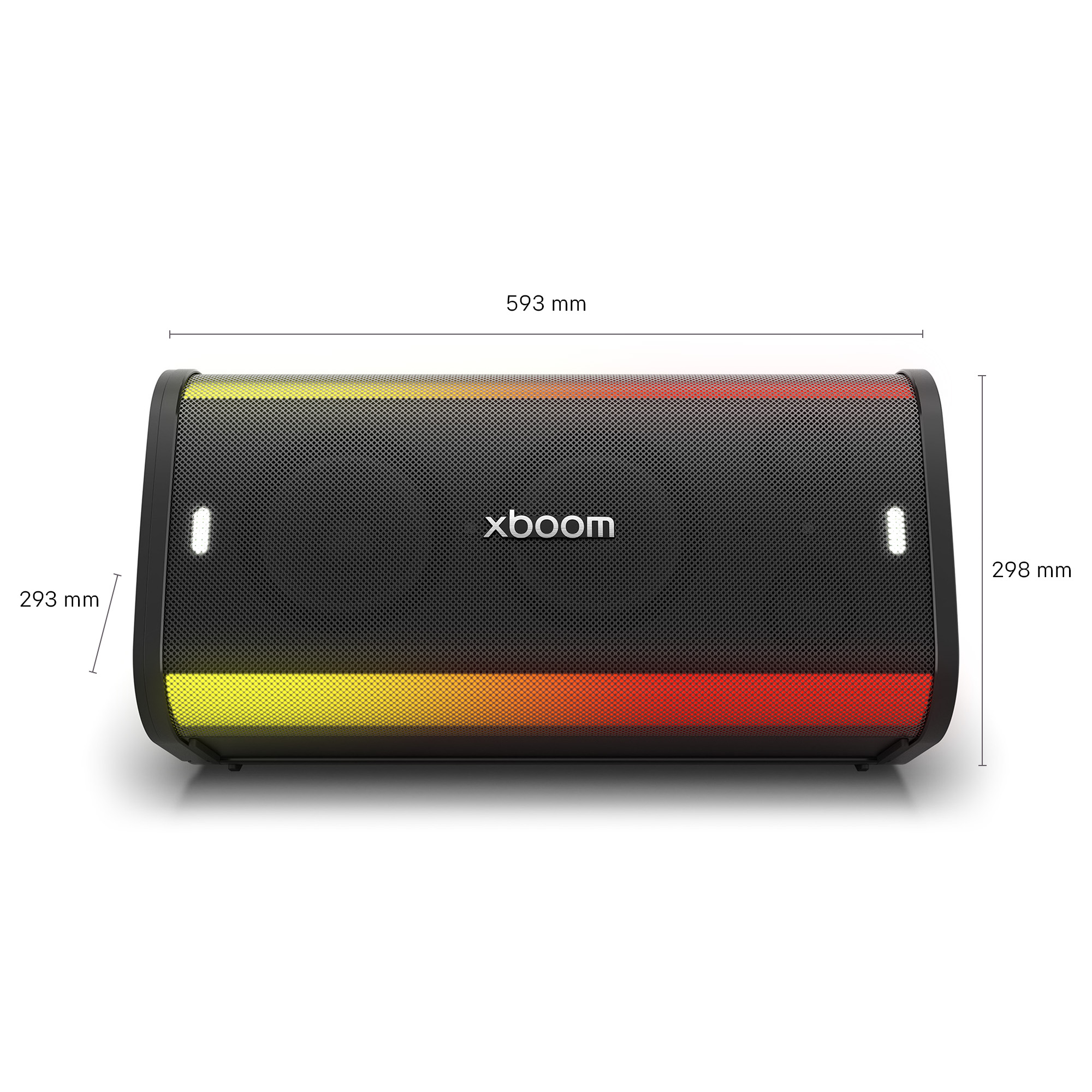 Altavoz negro con logo Xboom y luz degradada de amarillo a rojo.