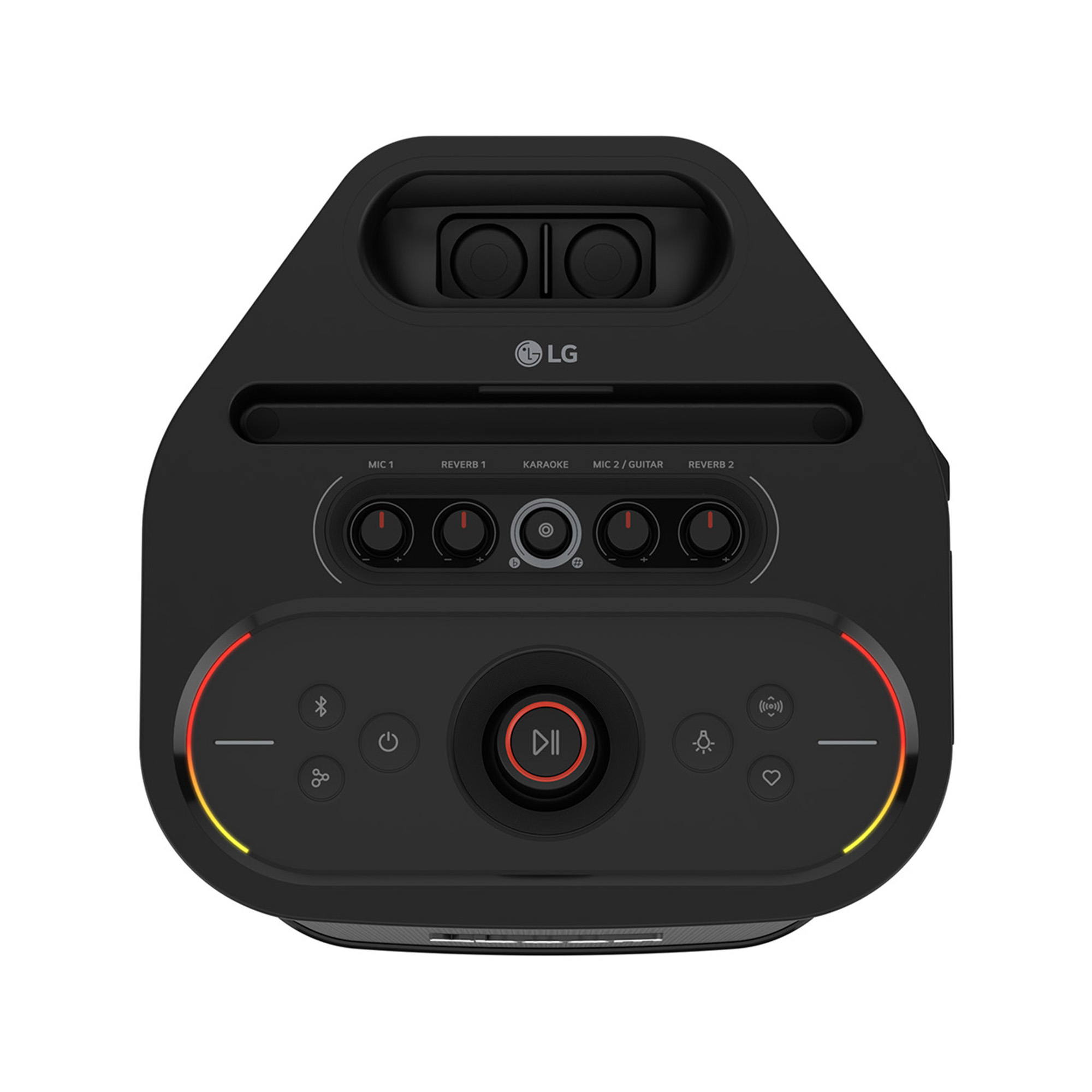 Altavoz LG negro con perillas y luces.