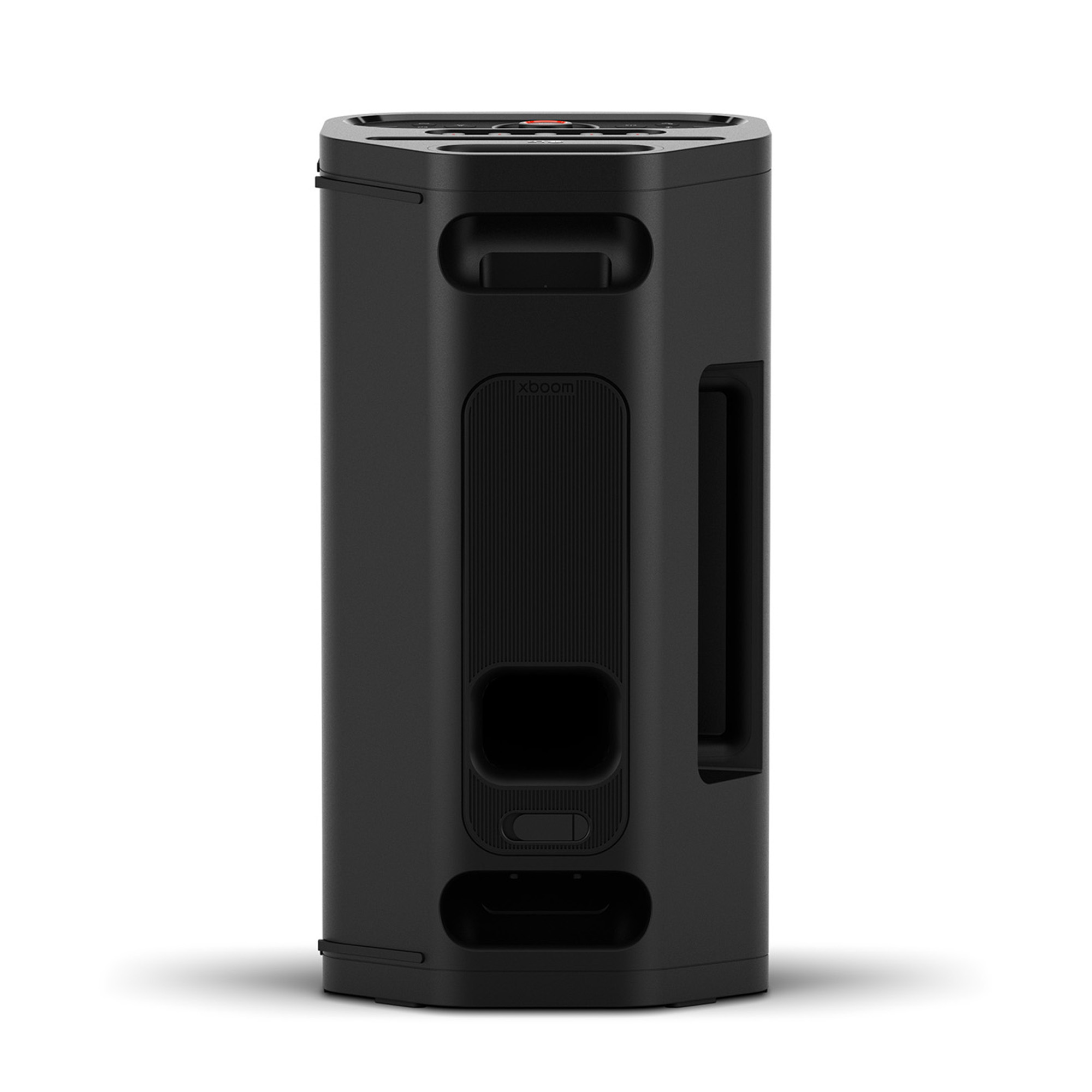 Altavoz portátil negro con asas empotradas y superficie acanalada.
