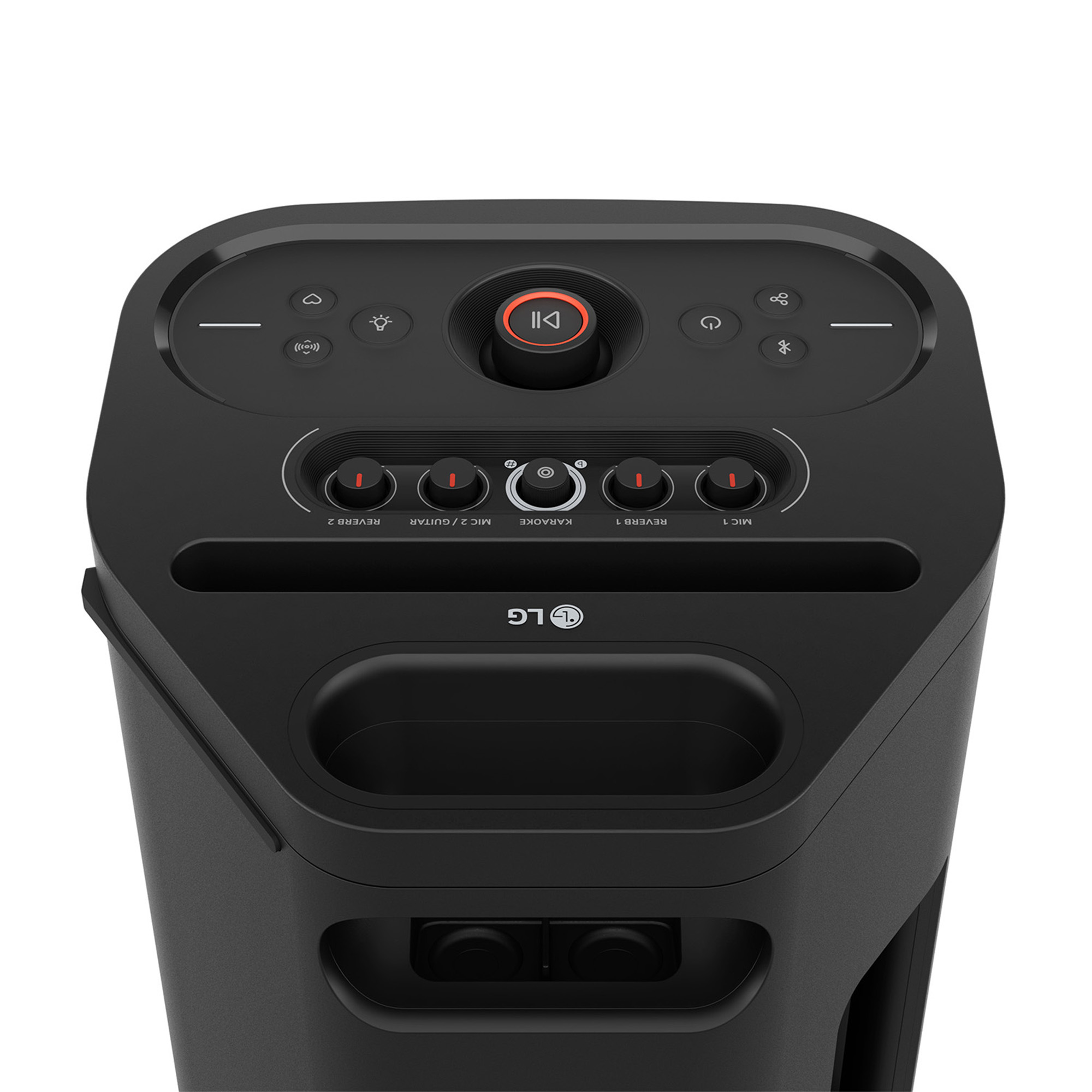 Altavoz de fiesta LG negro con perillas de control de micrófono y eco.