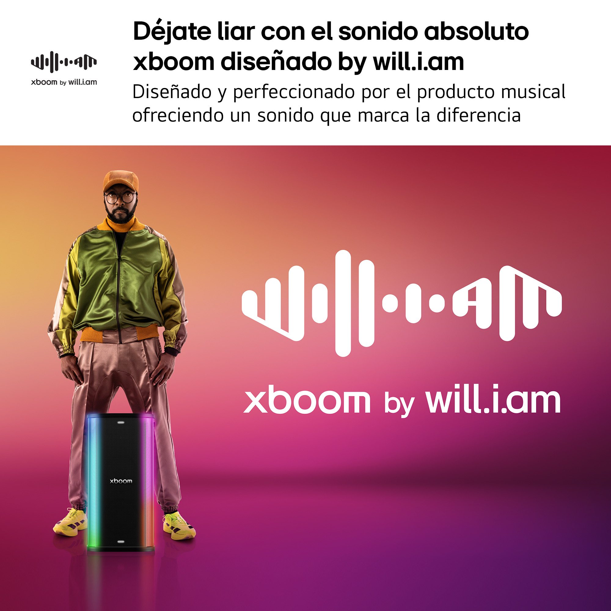 Will.i.am está junto a un altavoz iluminado. Fondo degradado.