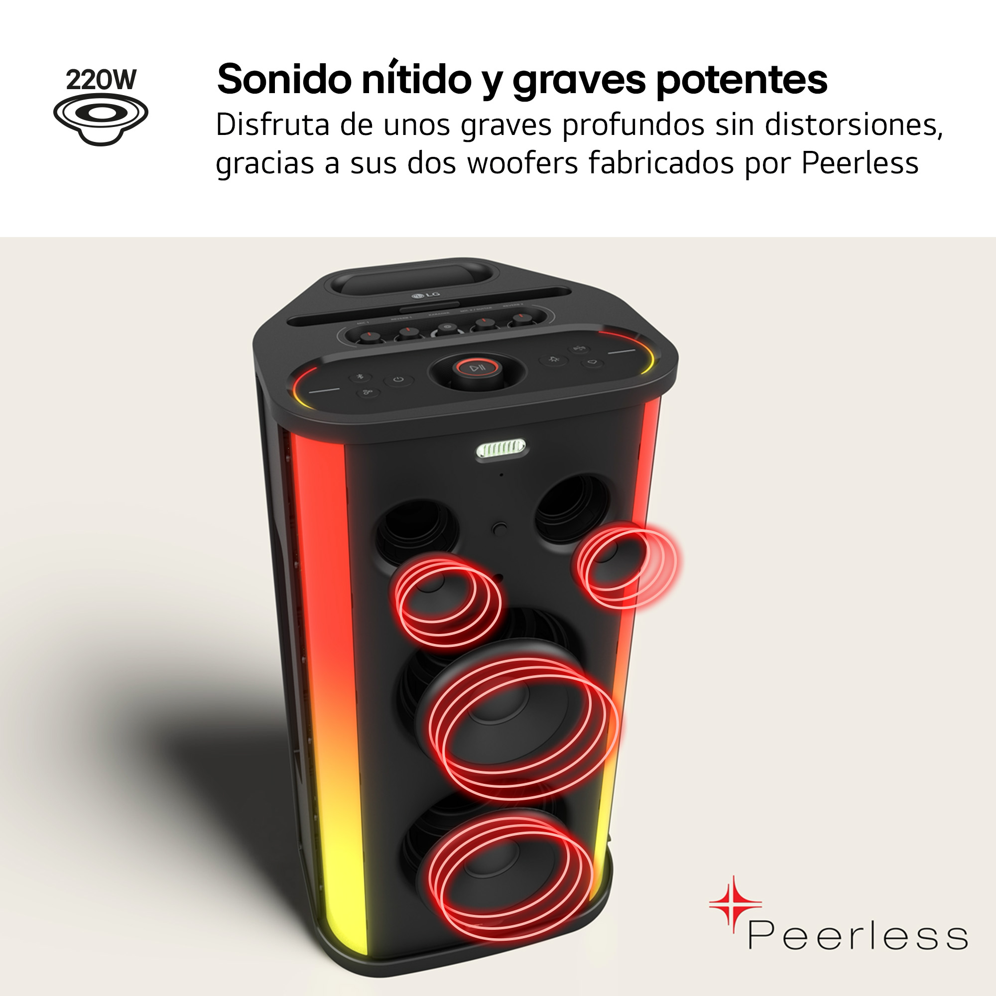 Un altavoz negro con luces rojas y amarillas y cuatro woofers.