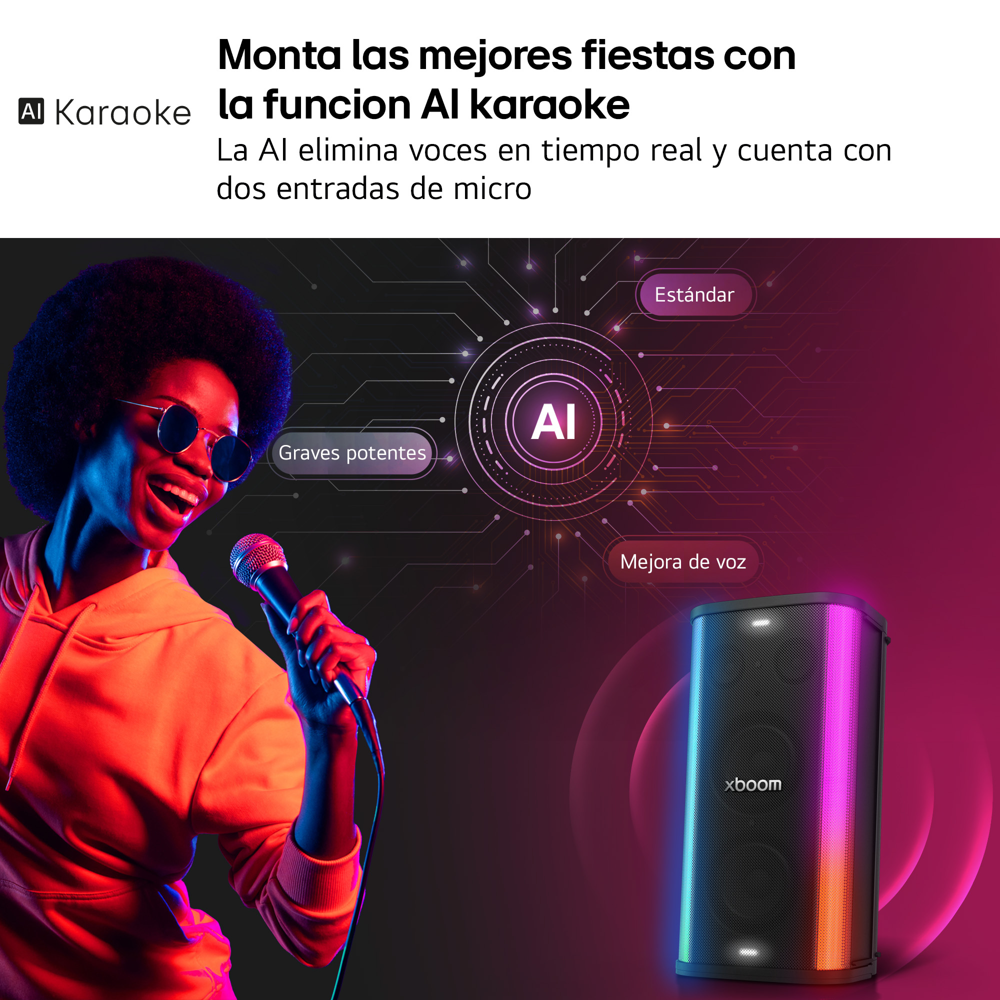 Mujer canta en micrófono, con altavoz iluminado y símbolo de IA.
