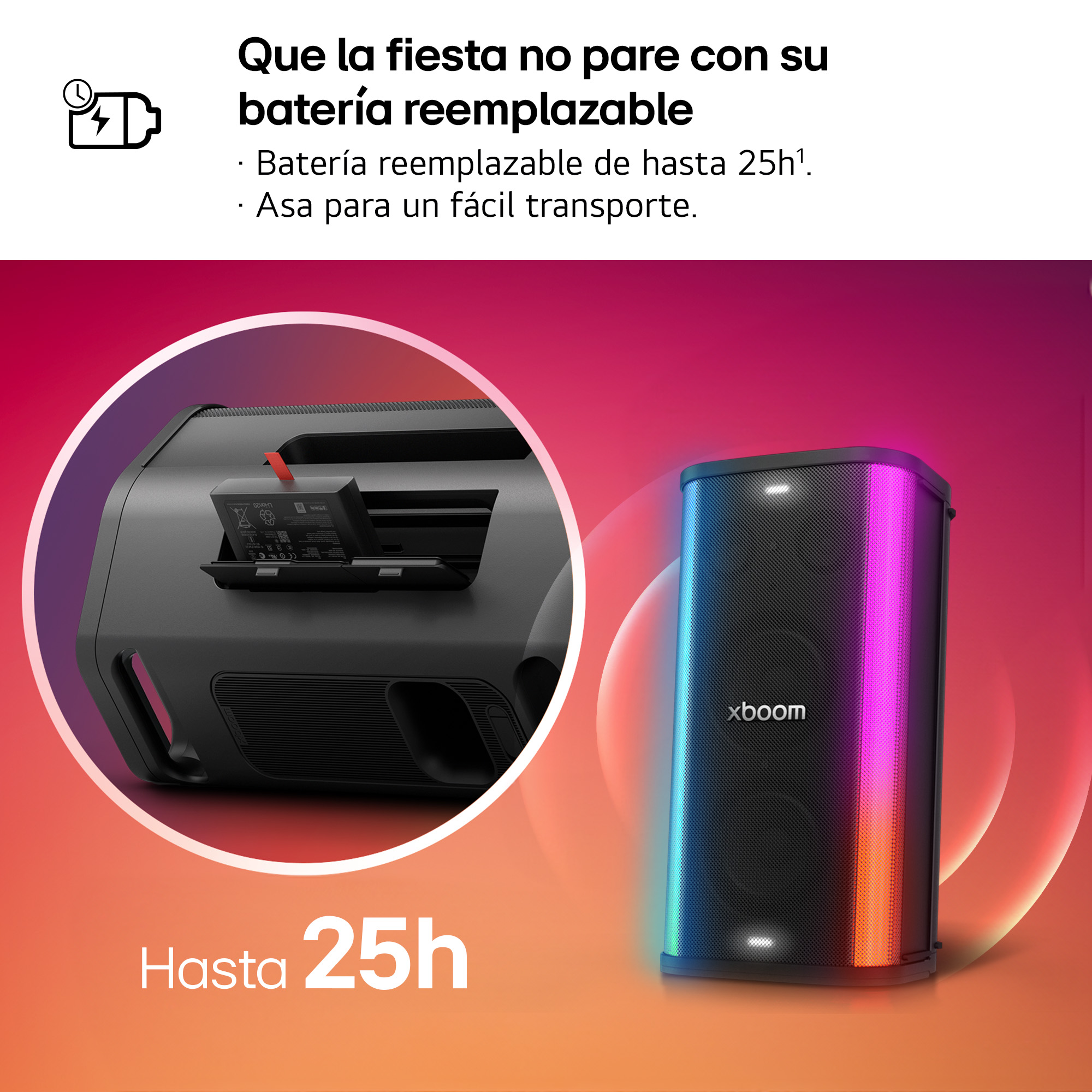 Un altavoz negro con batería extraíble y luces de colores.