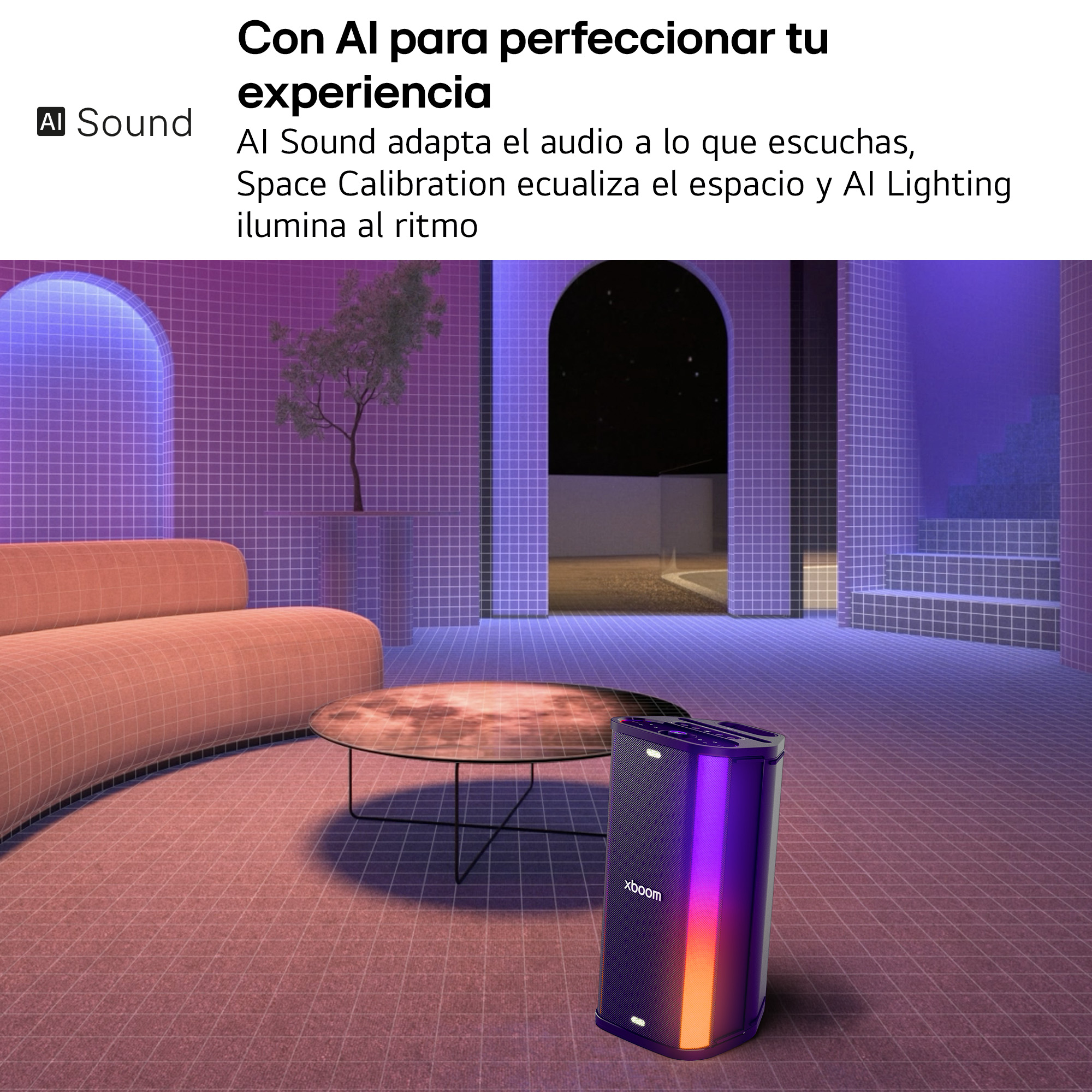 Una sala elegante con un sofá naranja y un altavoz.