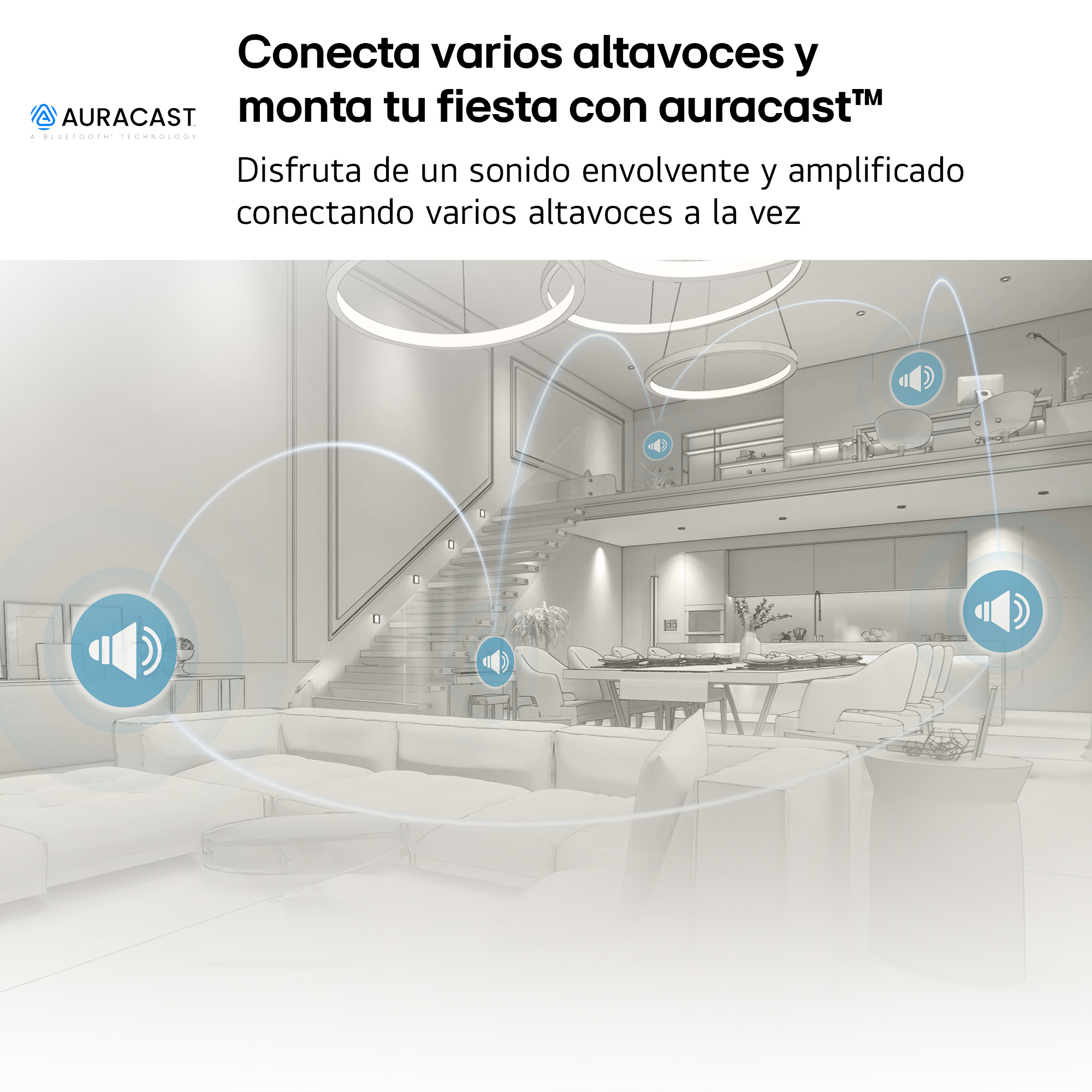 Un salón moderno con altavoces conectados mediante tecnología Auracast.