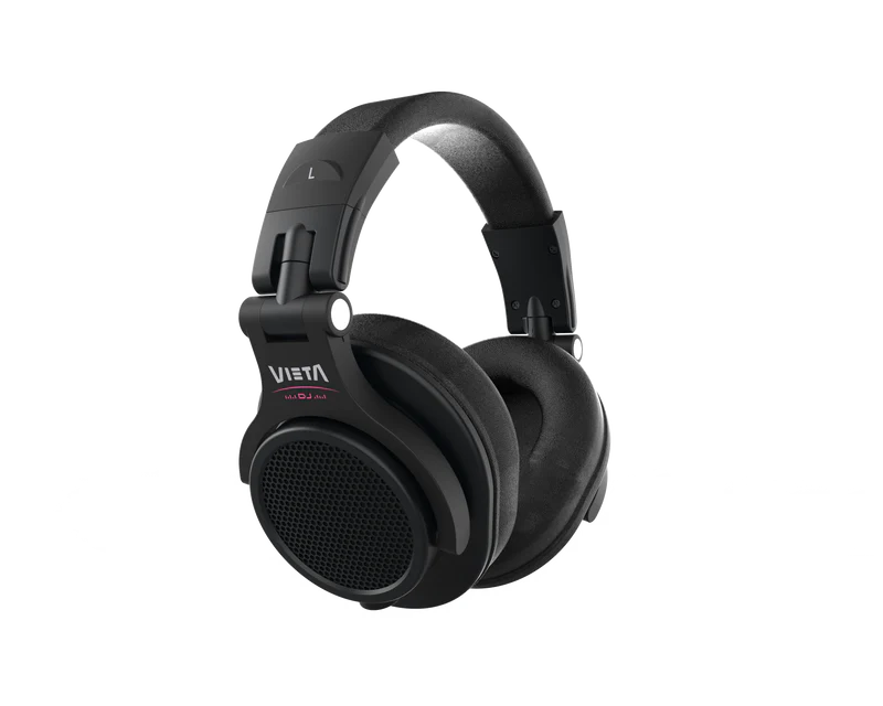 Auriculares negros para DJ con almohadillas acolchadas y diadema ajustable, sobre fondo oscuro.