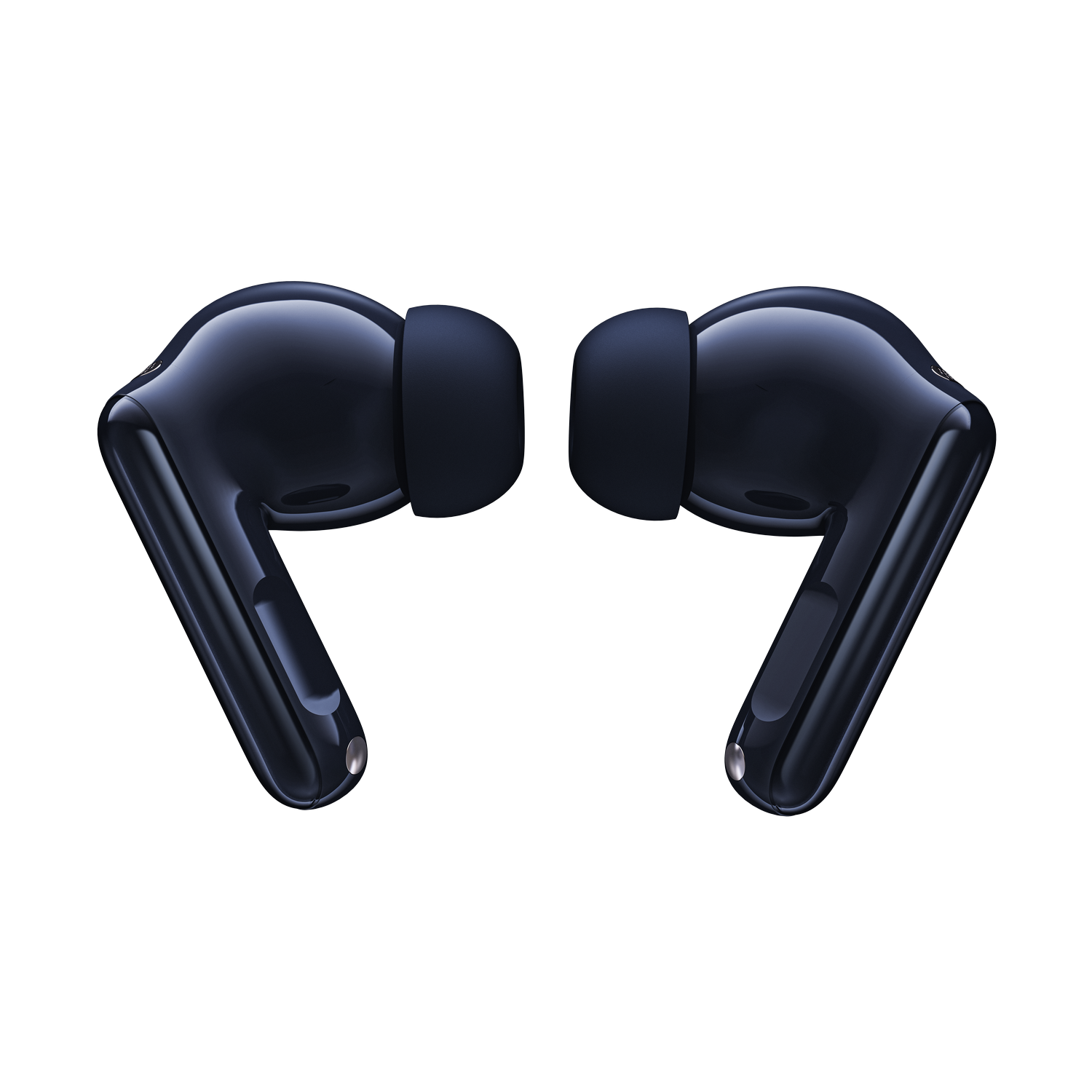 Dos auriculares inalámbricos azul oscuro con puntas negras sobre fondo gris.