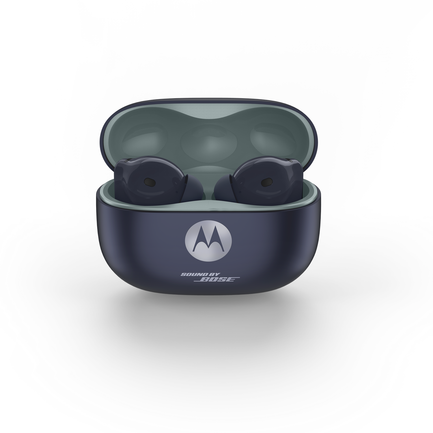 Auriculares Motorola azul oscuro en estuche abierto con interior verde. Logotipos Motorola y Bose visibles.
