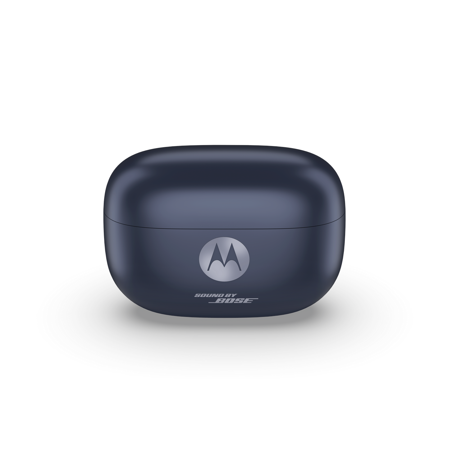 Funda de carga azul oscuro para auriculares con logos Motorola y Bose.