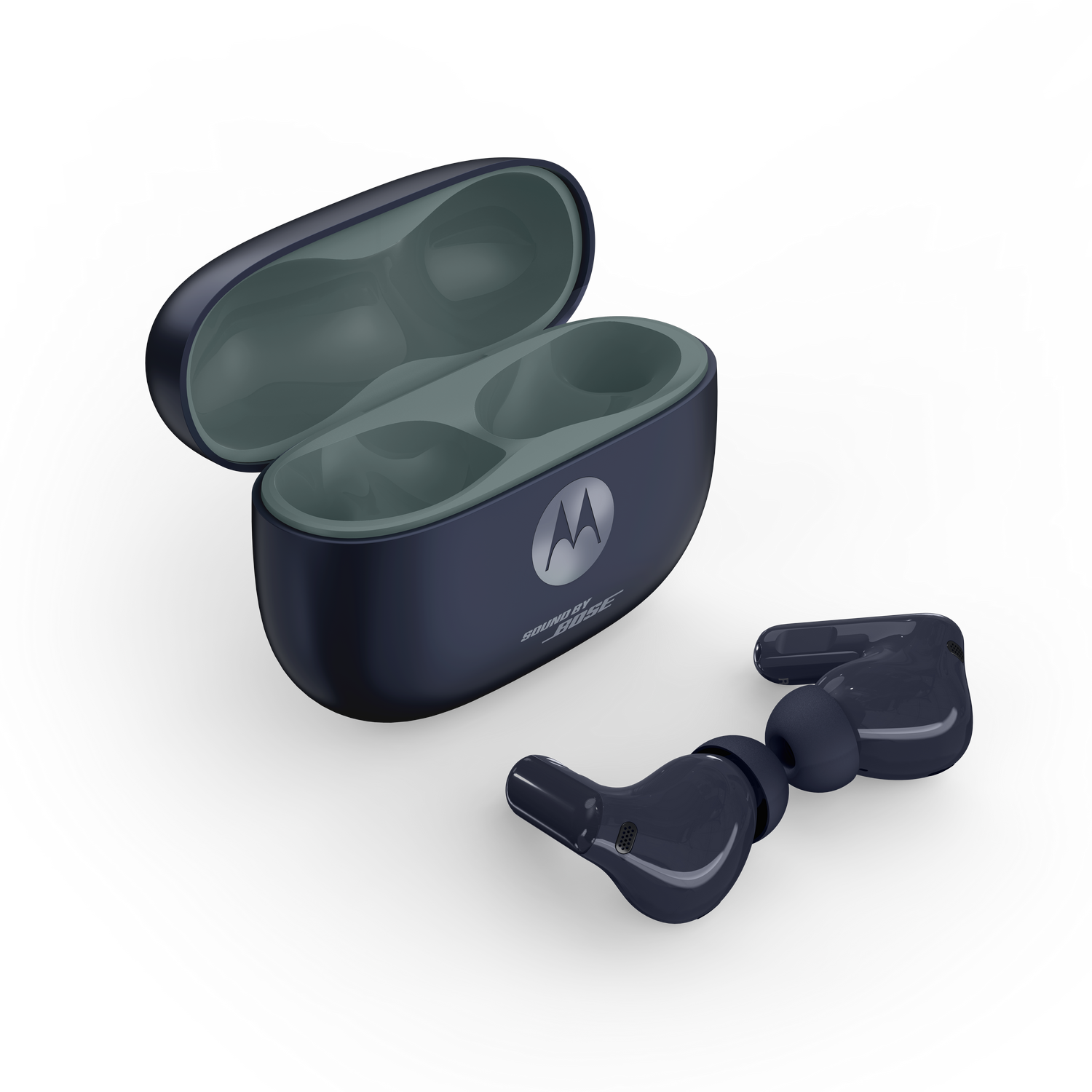 Auriculares Motorola azul oscuro con estuche de carga, uno separado.