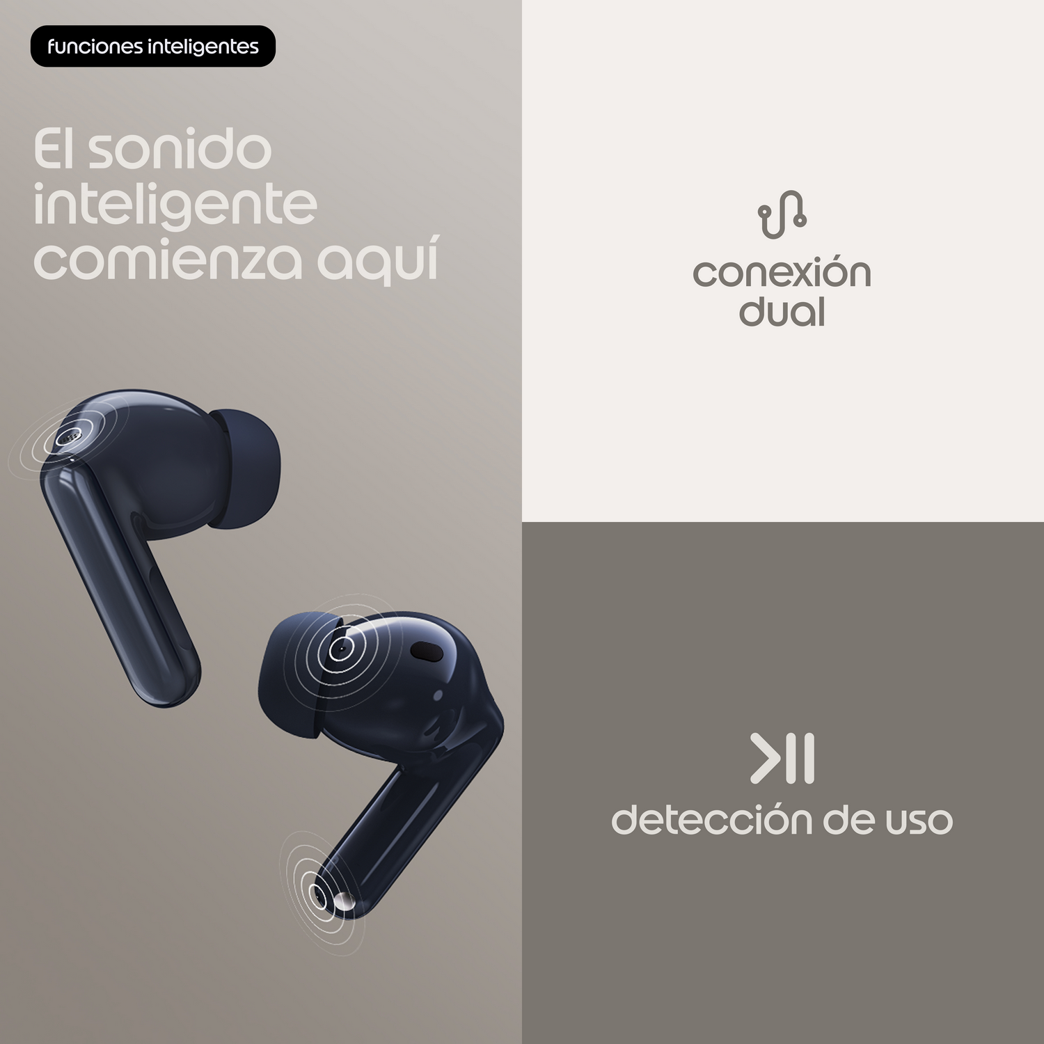 Auriculares inalámbricos azul oscuro con patrón de ondas, texto "Funciones Inteligentes".