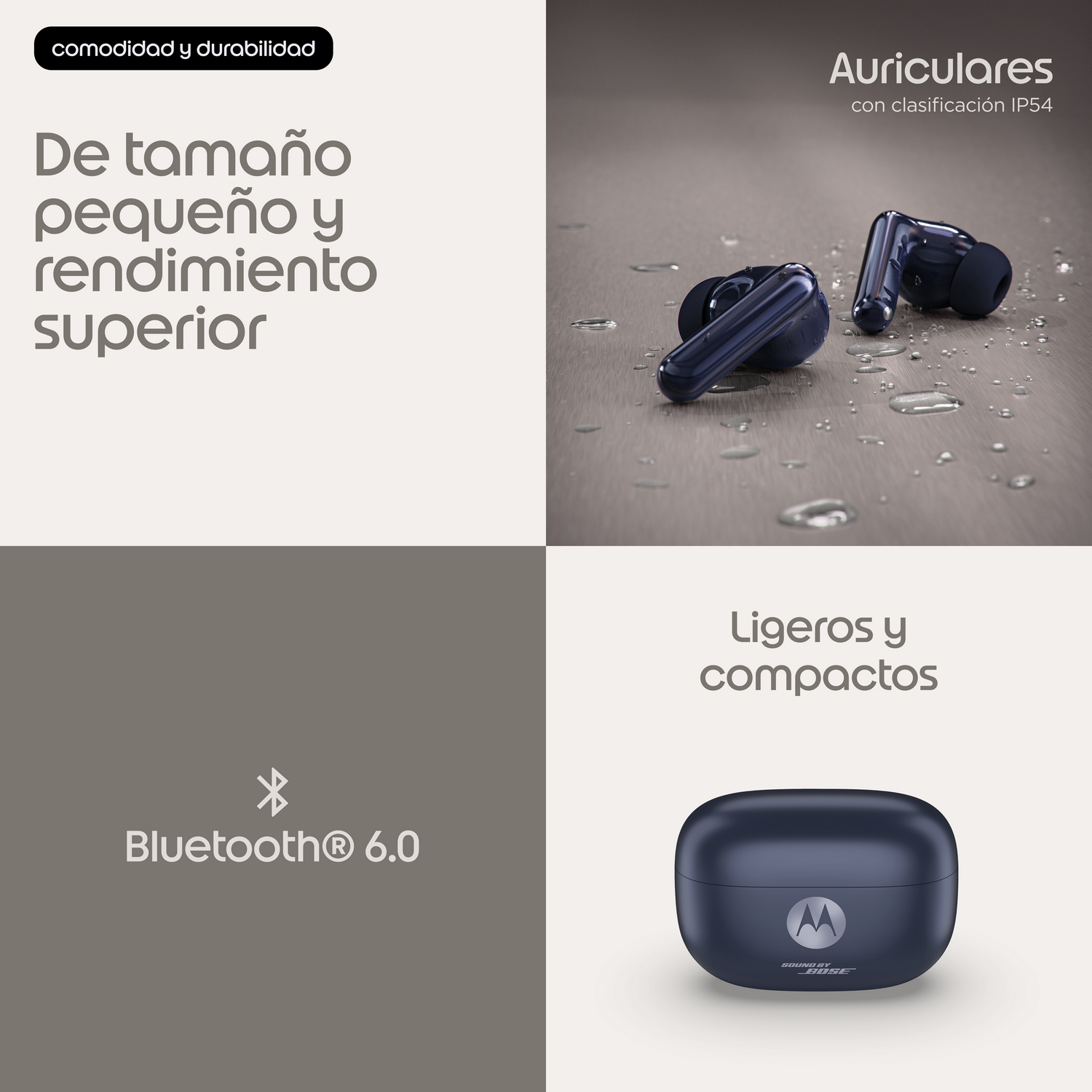 Tres imágenes de auriculares inalámbricos: texto, dos auriculares sobre superficie mojada y logo Bluetooth.