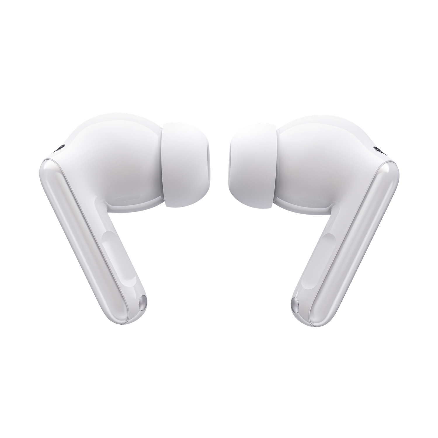 Dos auriculares inalámbricos blancos sobre fondo gris.