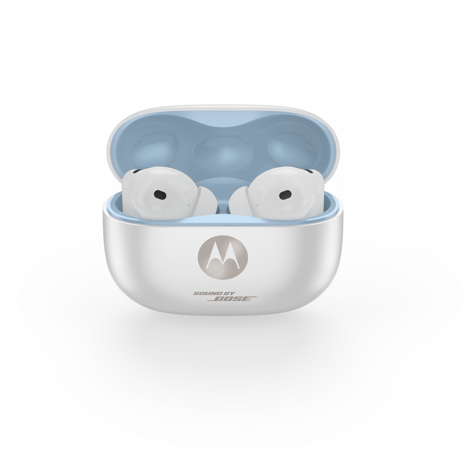Auriculares blancos en un estuche de carga abierto blanco y azul con logo Motorola.