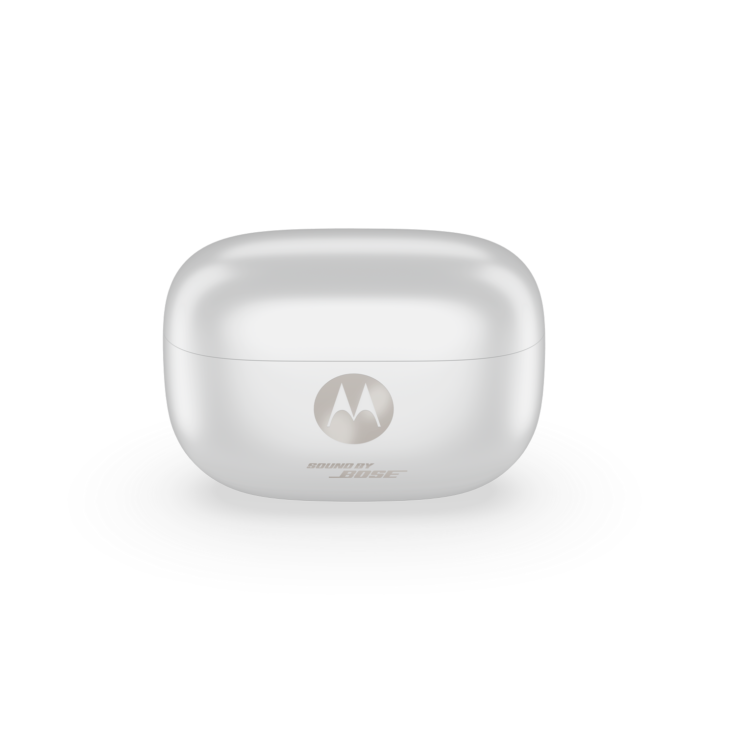 Un estuche de carga blanco para auriculares con logos de Motorola y Bose.