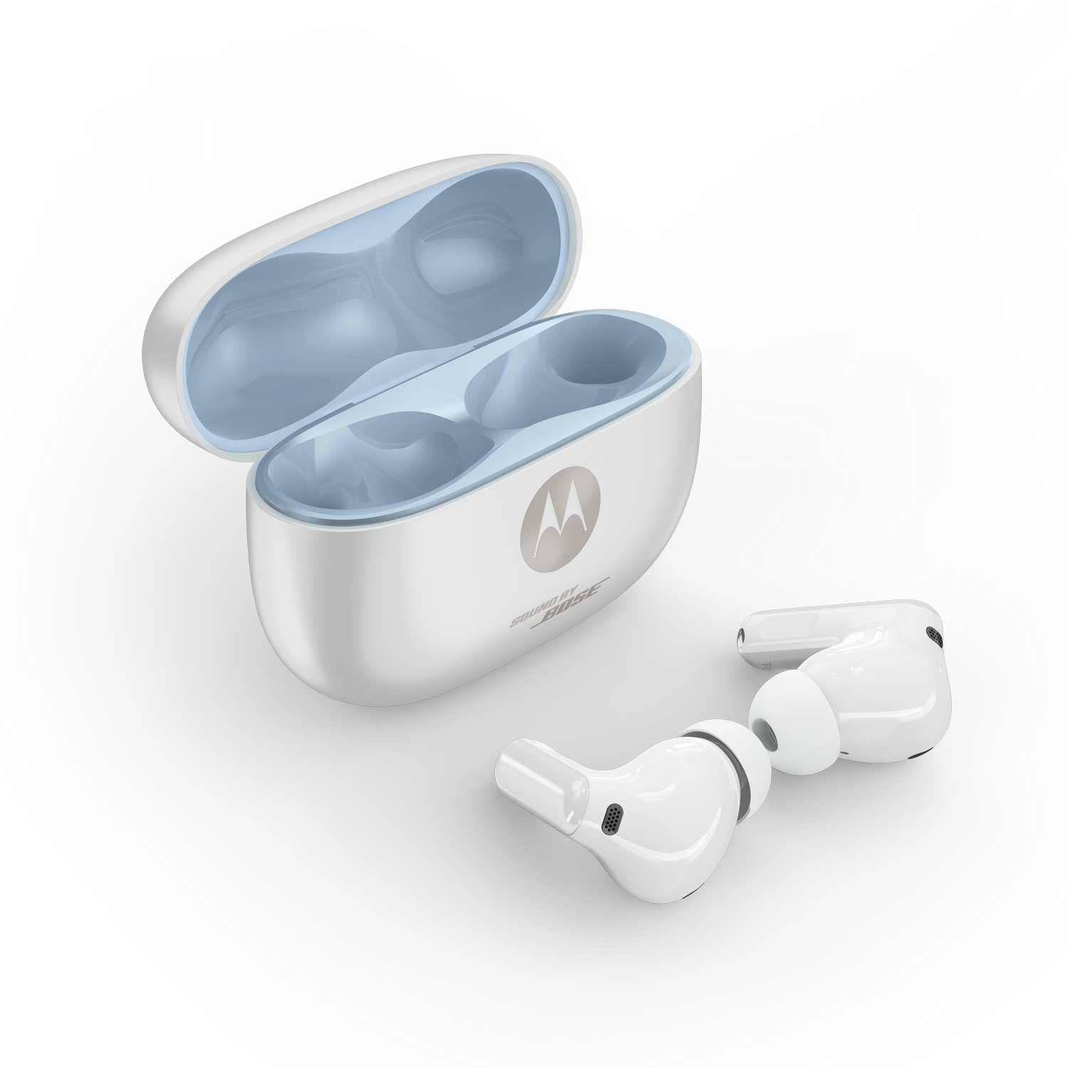 Auriculares Motorola blancos y un estuche de carga abierto con interior azul.