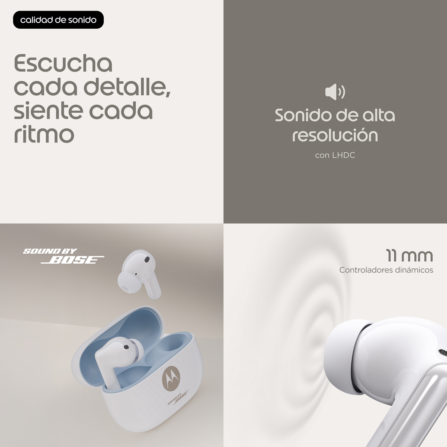 Auriculares blancos con estuche de carga, logo Bose y texto sonido.