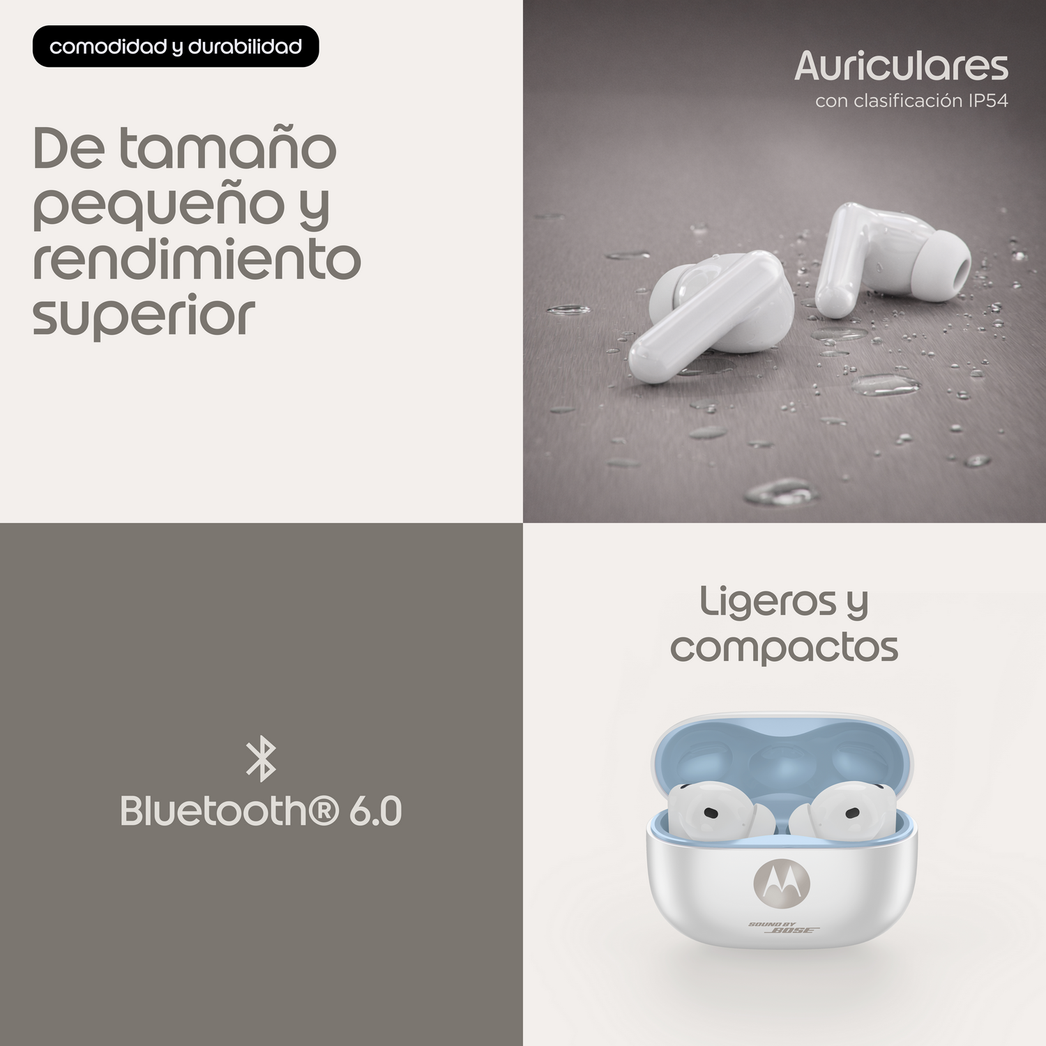 Auriculares blancos con estuche de carga, Bluetooth 6.0, IP54, cómodos y duraderos.