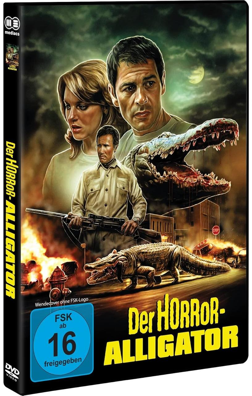Filmcover: Mann mit Gewehr, Frau, Mann und Krokodil vor brennender Stadt.