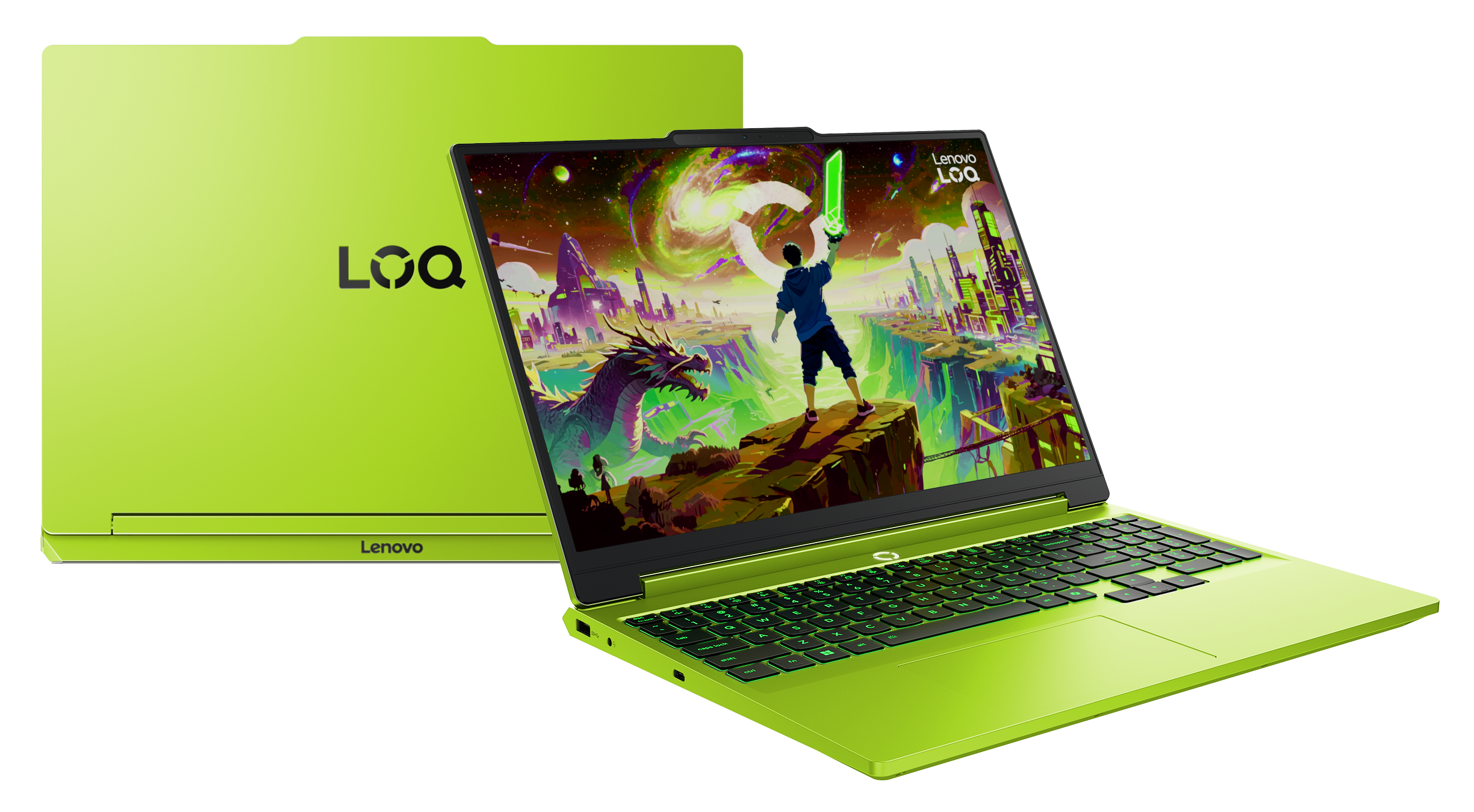 Limonkowo-zielony laptop Lenovo LOQ ze sceną smoka i miasta na ekranie.