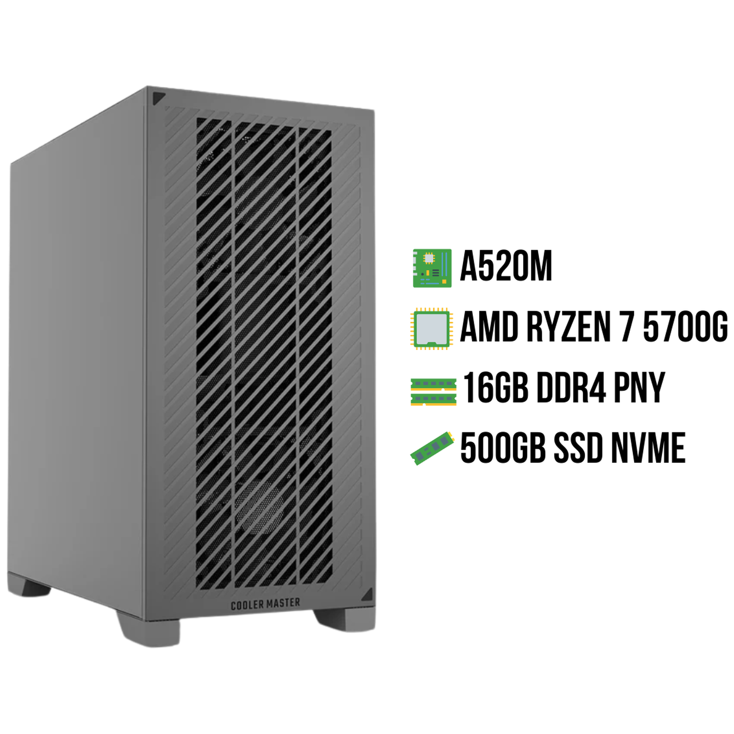 Grijze pc-behuizing met ventilatiesleuven en specificaties ernaast.