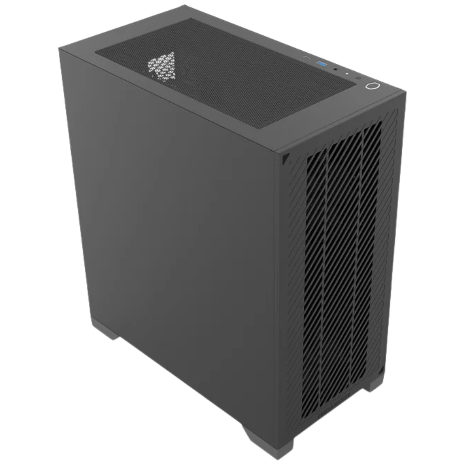 Zwarte computertoren met geventileerde voor- en bovenzijde. Minimalistisch ontwerp.
