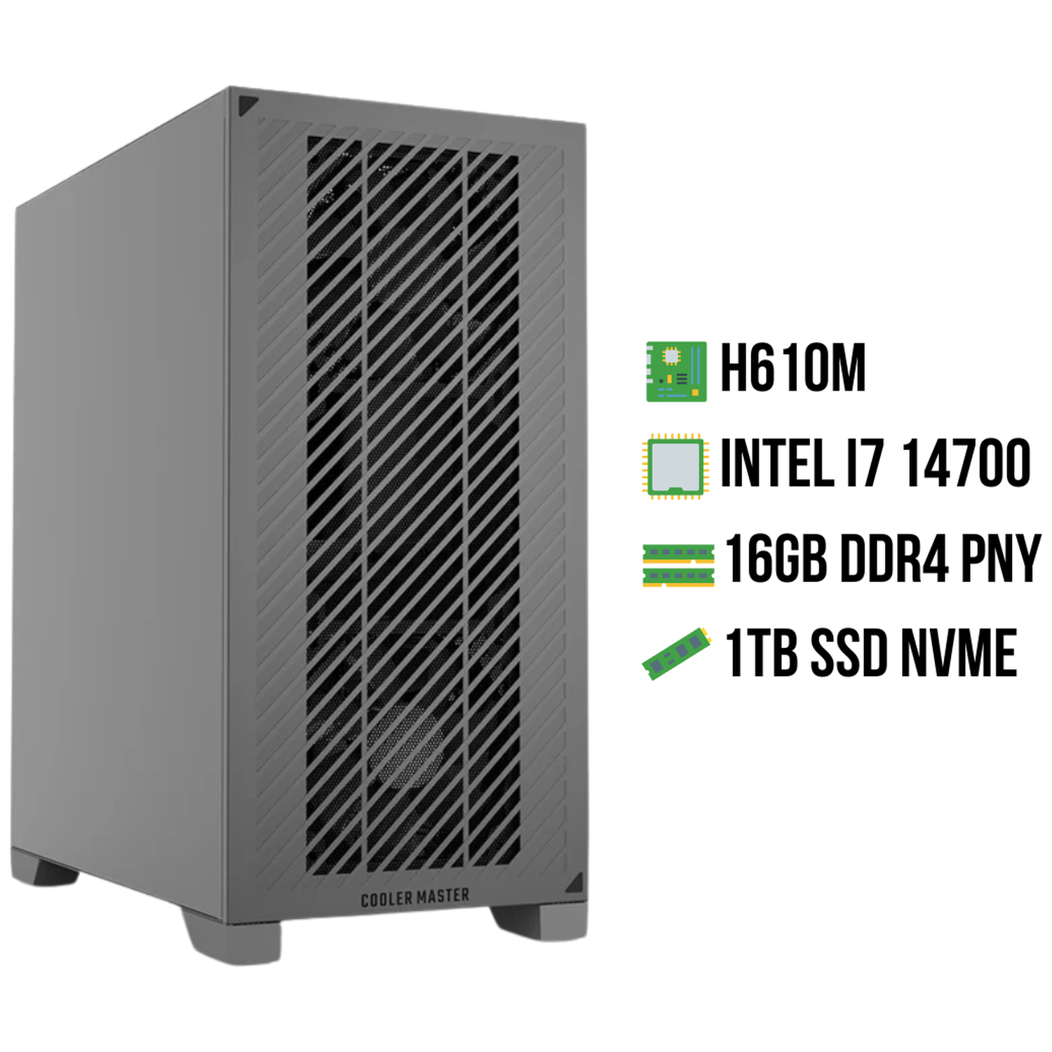 Grijze pc-kast met H610M, Intel i7 14700, 16GB DDR4 RAM, 1TB SSD.