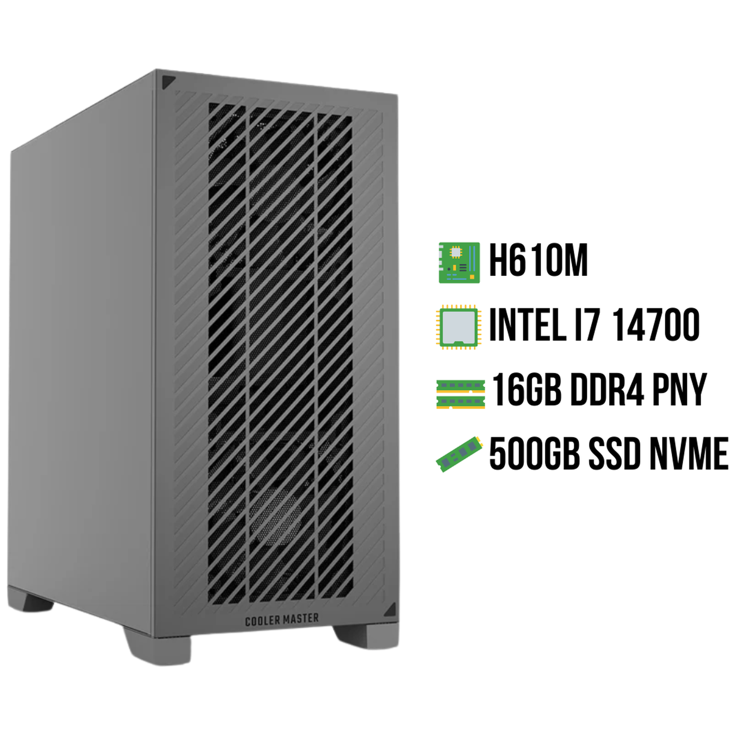 Grijze computerkast met ventilatie en specificaties: H610M, Intel i7 14700, 16GB DDR4, 500GB SSD.