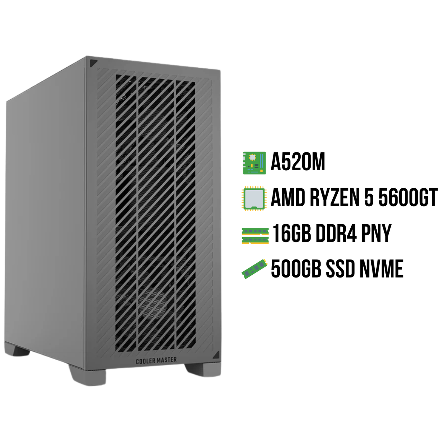 Grijze computerkast met ventilatiesleuven en specificaties.