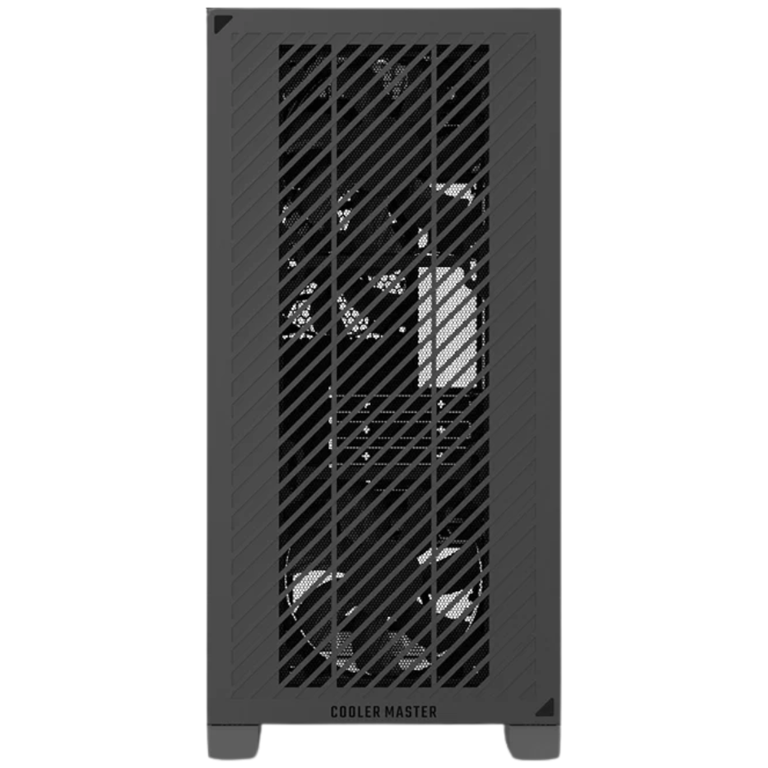 Zwarte computerkast met ventilatoren en Cooler Master-logo.