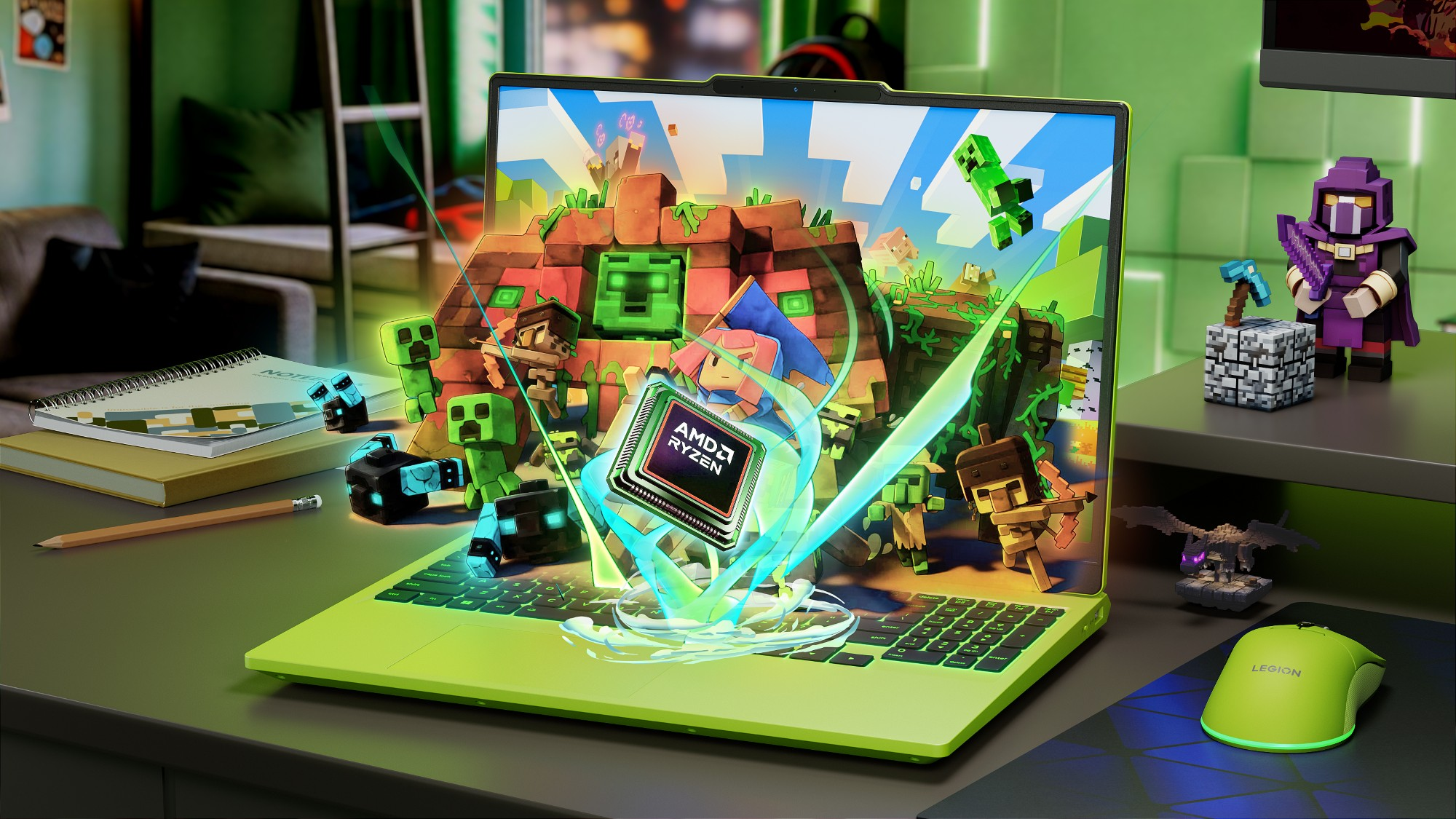 Laptop wyświetlający grafikę z gry Minecraft z unoszącym się procesorem AMD Ryzen.
