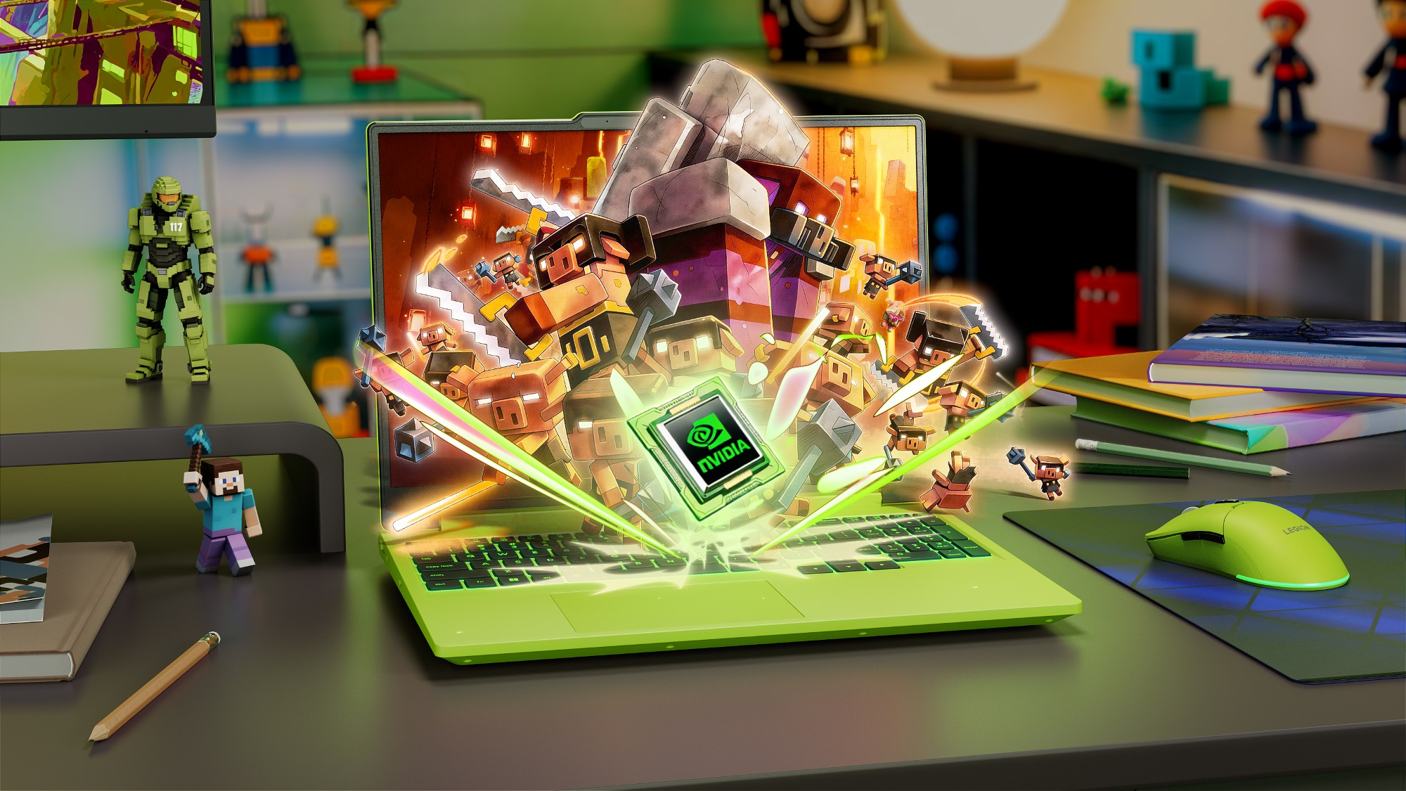 Zielony laptop wyświetla grę z kanciastymi postaciami i logo Nvidia.