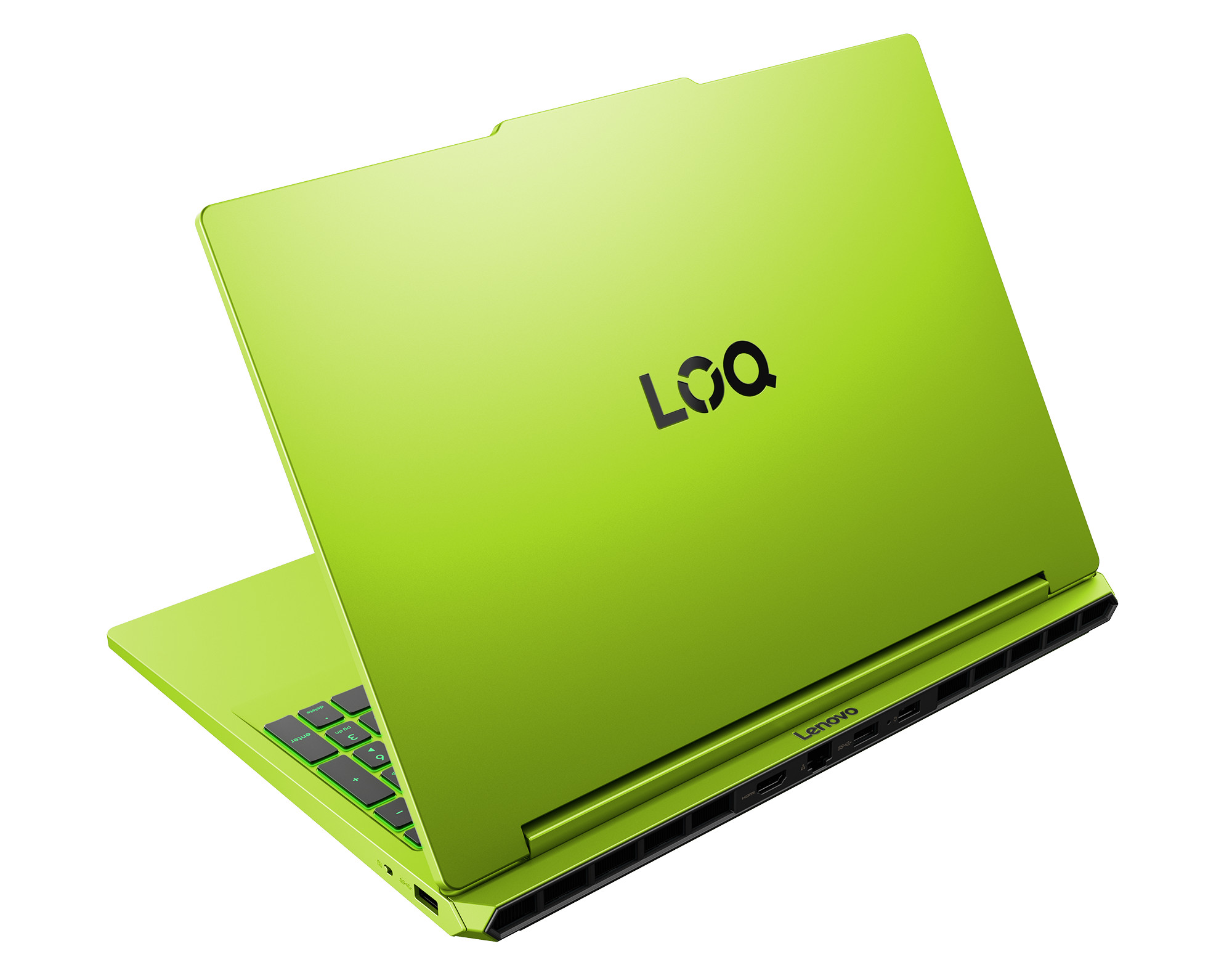 Jasnozielony laptop z logo LOQ i klawiaturą.