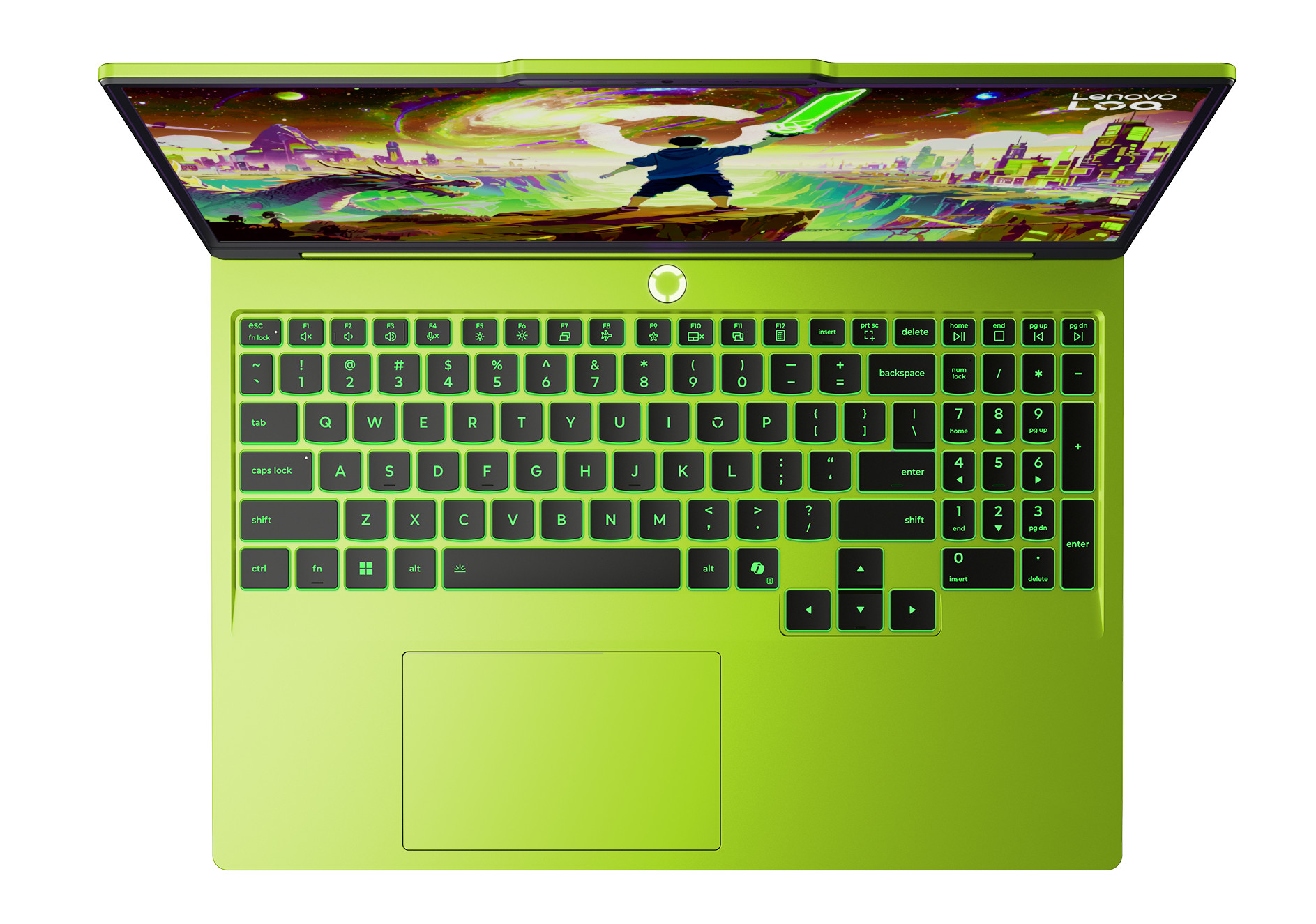 Jasnozielony laptop Lenovo LOQ z podświetlanymi klawiszami i tapetą anime.