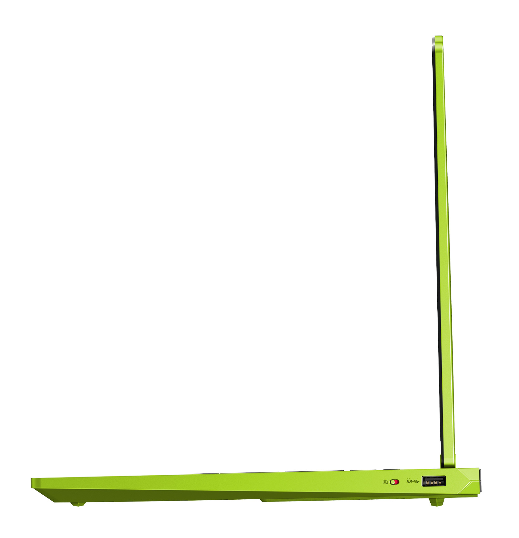 Boczny widok limonkowego laptopa z portami i otwartym ekranem.