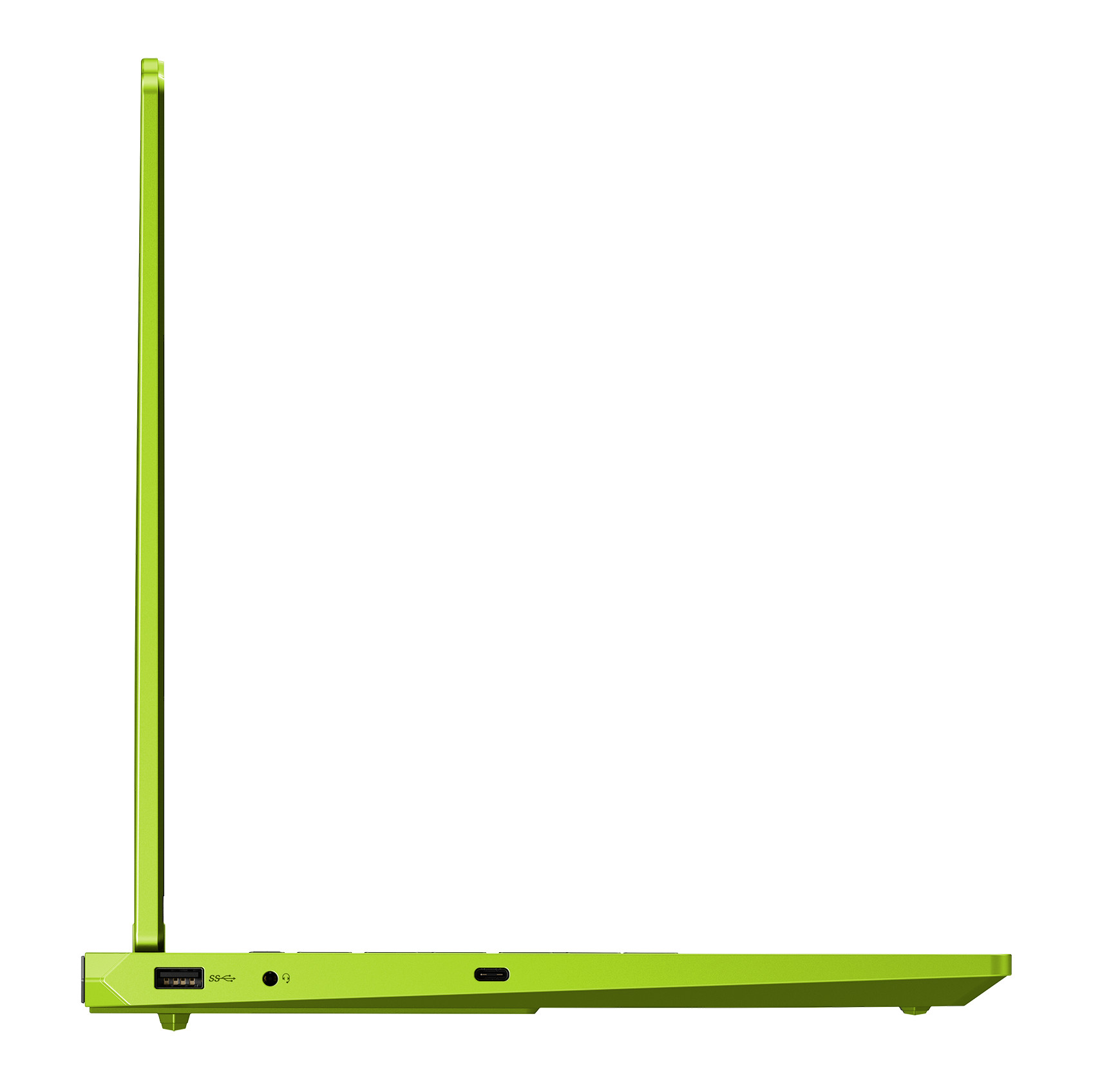 Zielony laptop, prawa strona z portami: USB, słuchawki, USB-C.