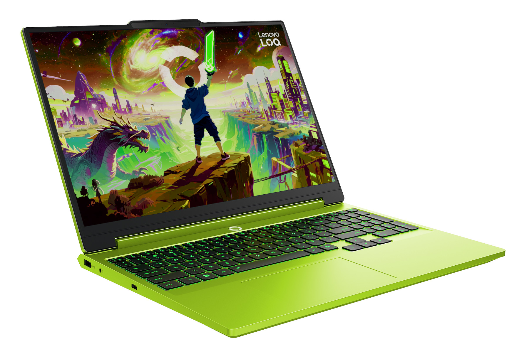 Jasnozielony laptop wyświetla żywy ekran gry z chłopcem z mieczem i smokiem.