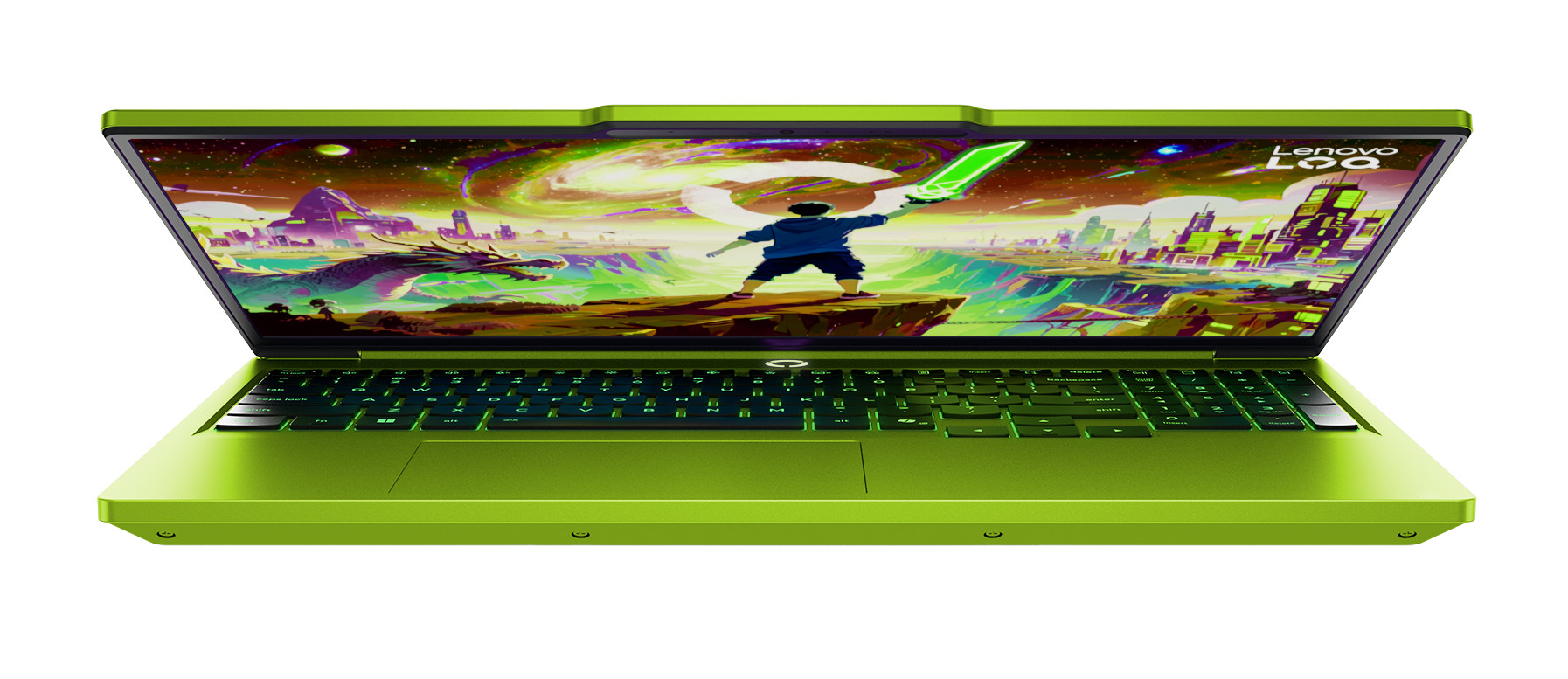 Jasnozielony laptop gamingowy z podświetlaną klawiaturą i grafiką smoka na ekranie.